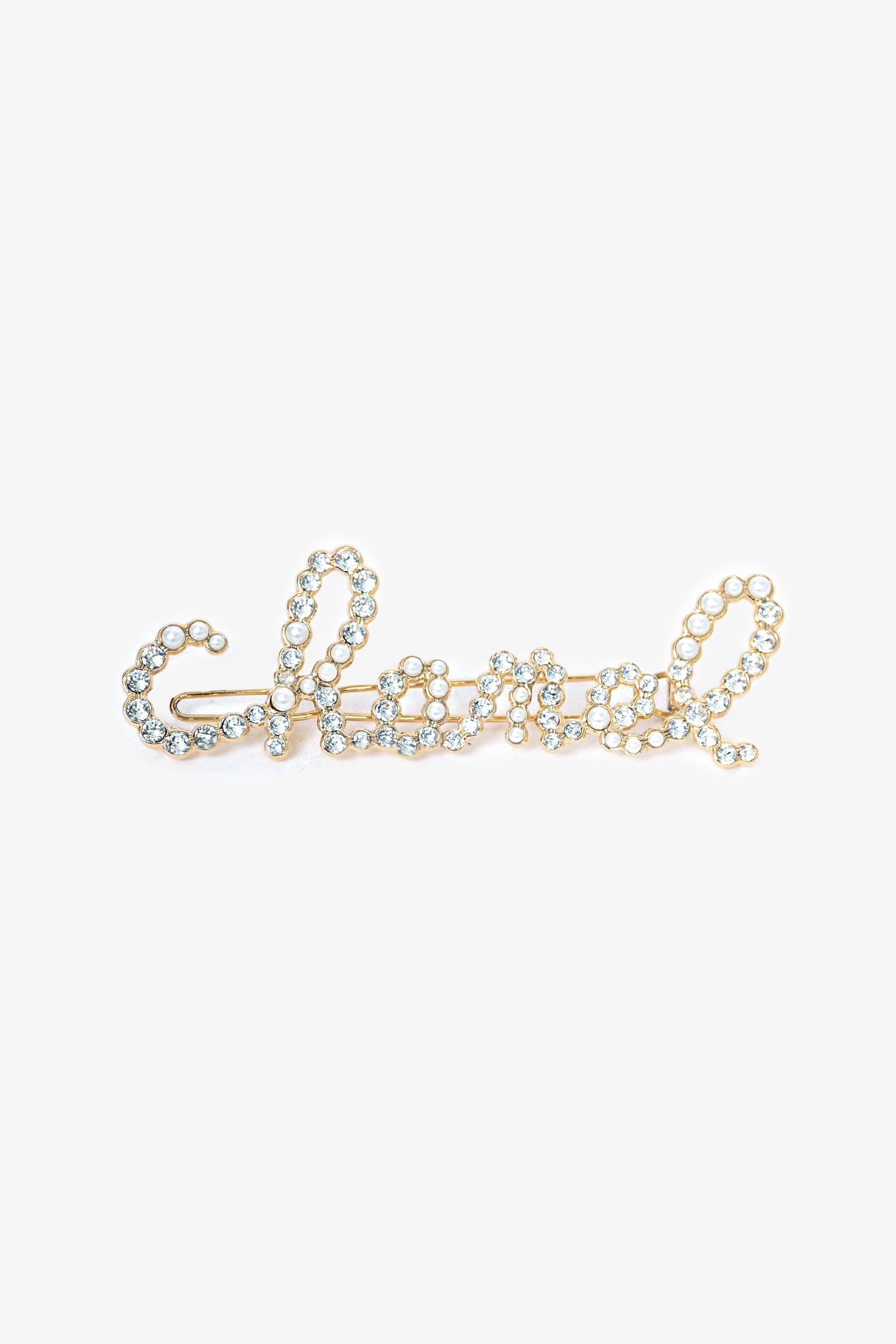 Chanel™ 2020 Gold Toned Pearl/Crystal Embellished Logo Hair Pin