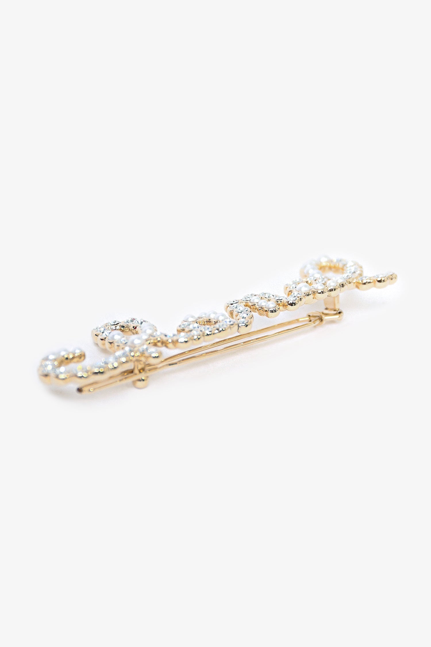 Chanel™ 2020 Gold Toned Pearl/Crystal Embellished Logo Hair Pin