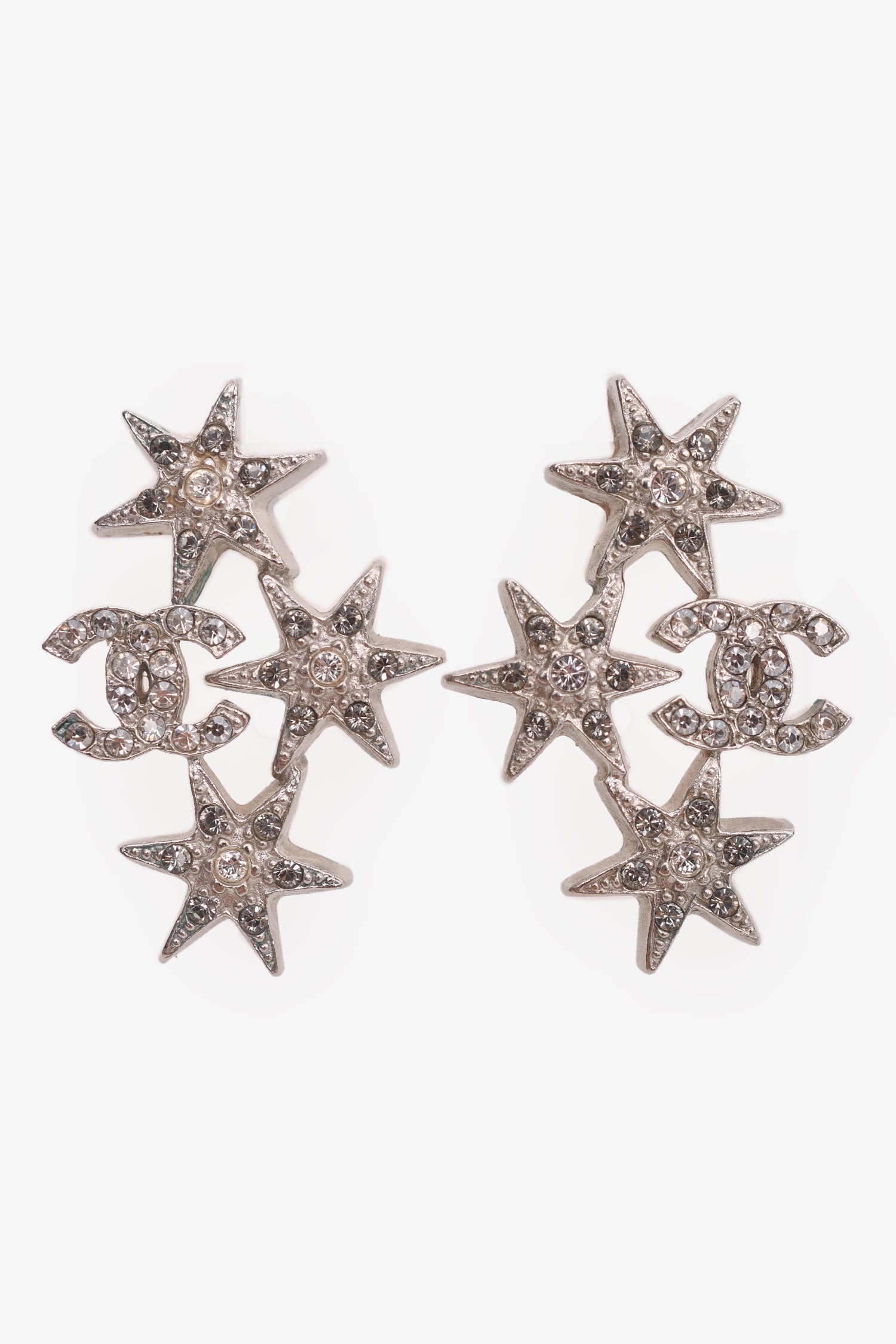 Chanel™ 2015 Silver Tone Crystal Embellished Star Earrings
