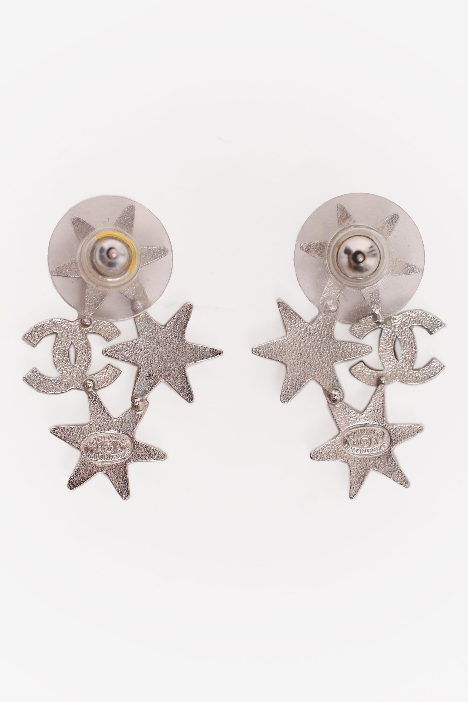 Chanel™ 2015 Silver Tone Crystal Embellished Star Earrings