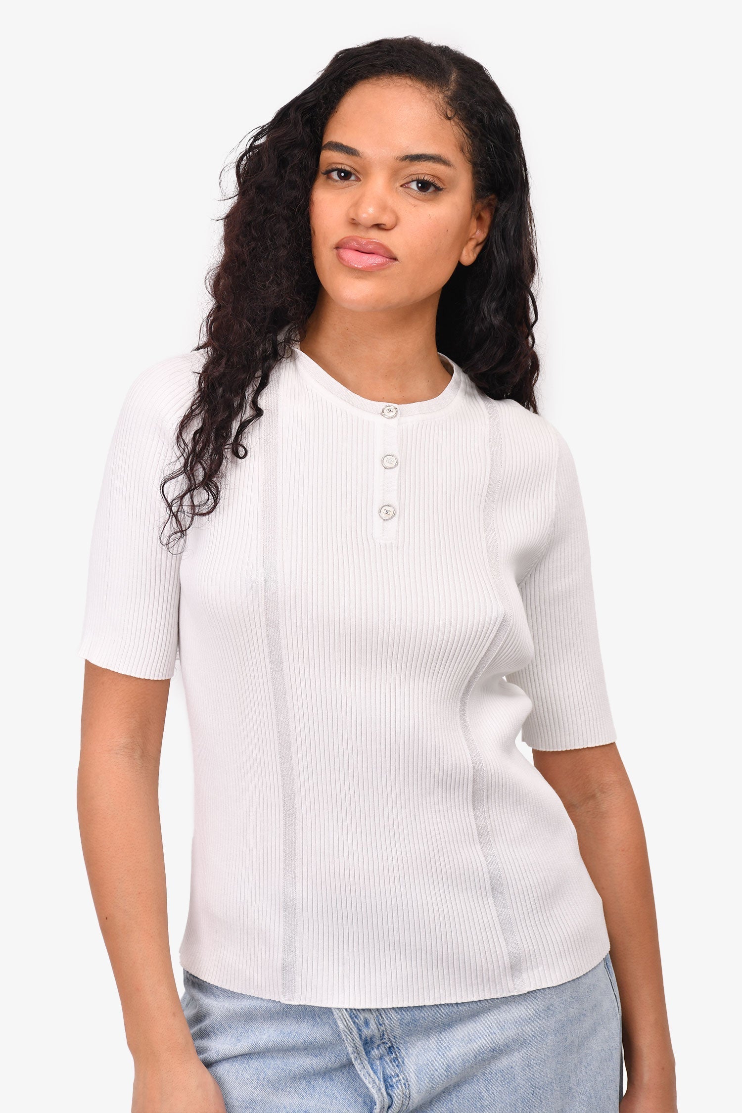 Chanel™ White Ribbed Knit 3/4 Sleeve CC Button Top Size 50
