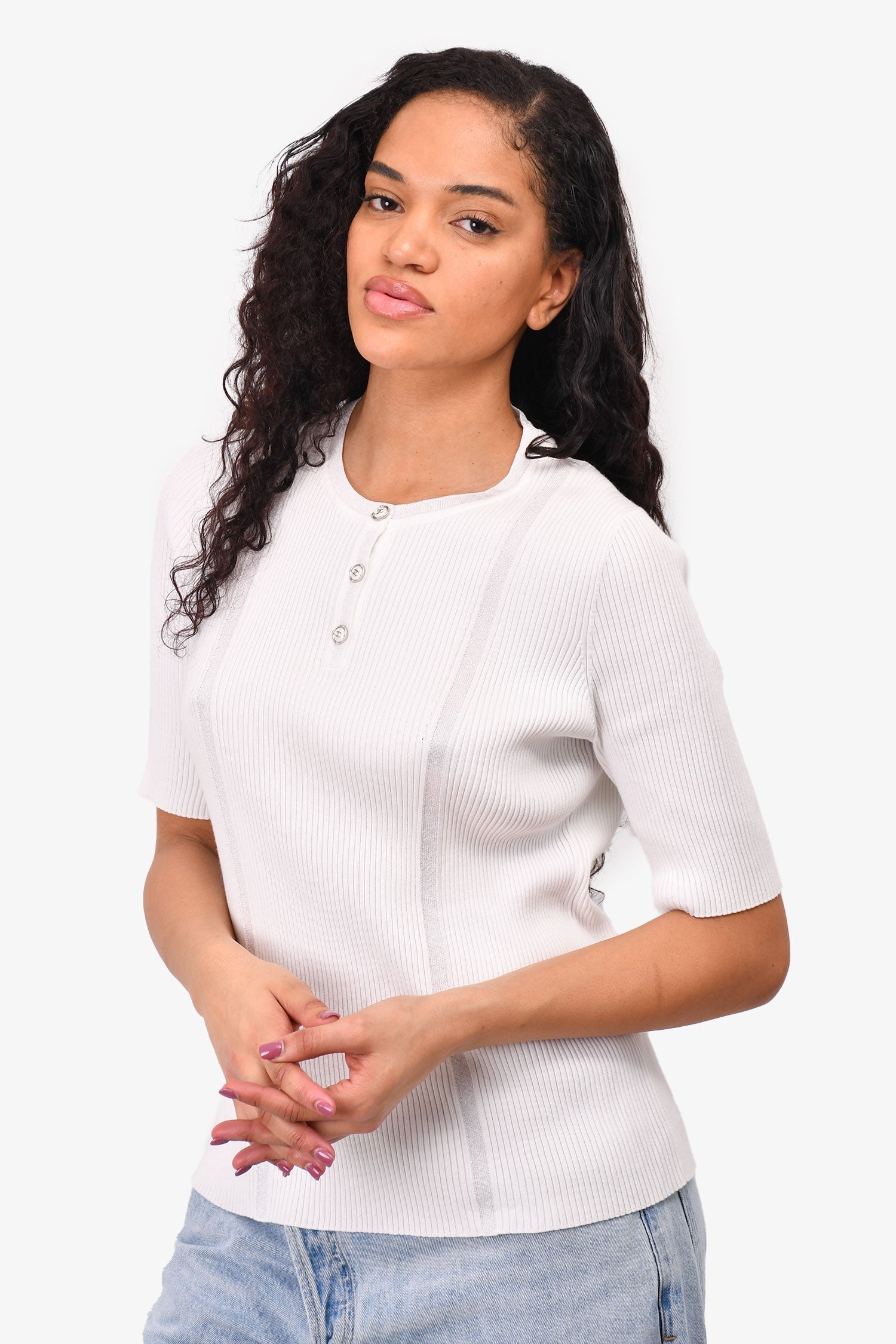 Chanel™ White Ribbed Knit 3/4 Sleeve CC Button Top Size 50