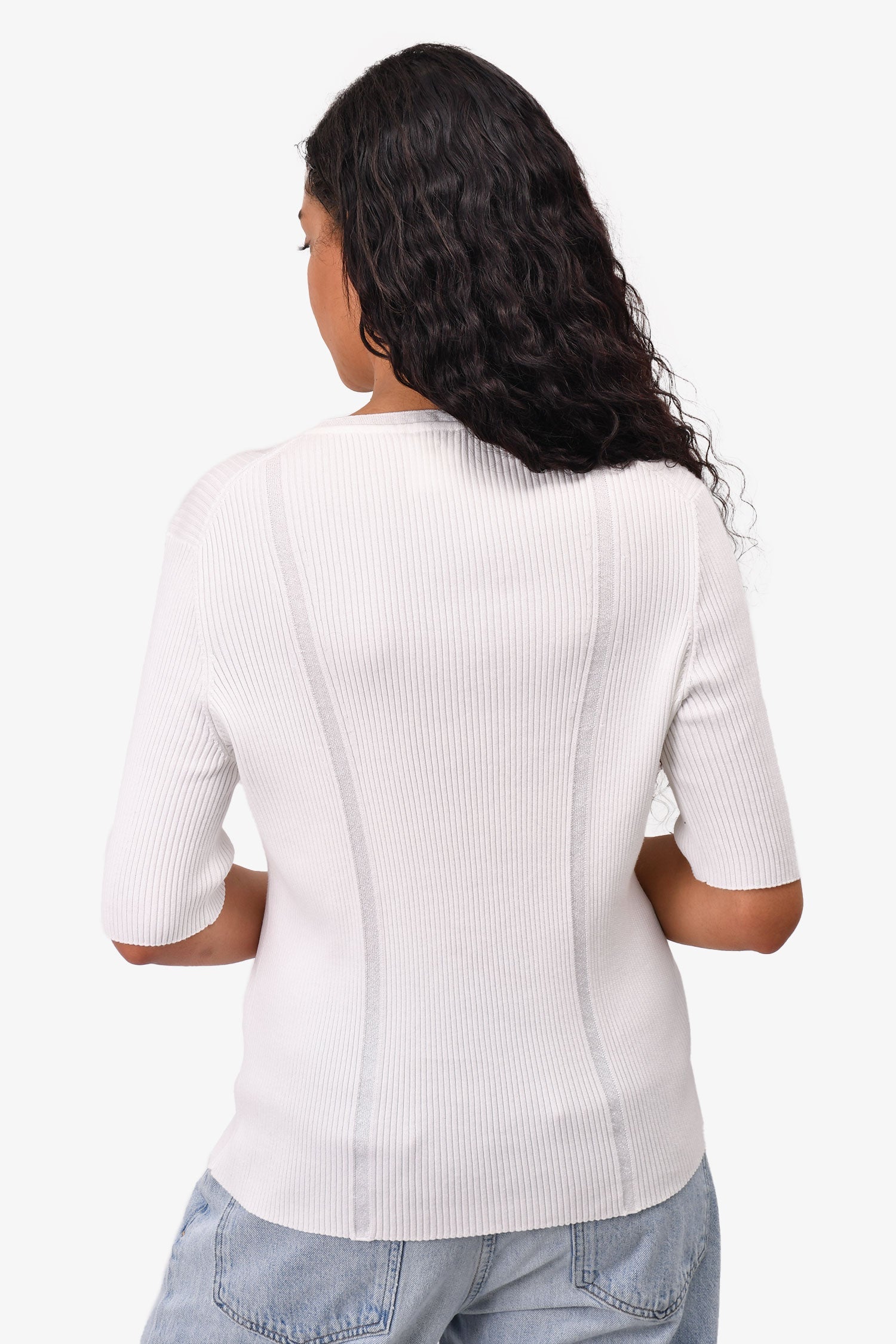 Chanel™ White Ribbed Knit 3/4 Sleeve CC Button Top Size 50