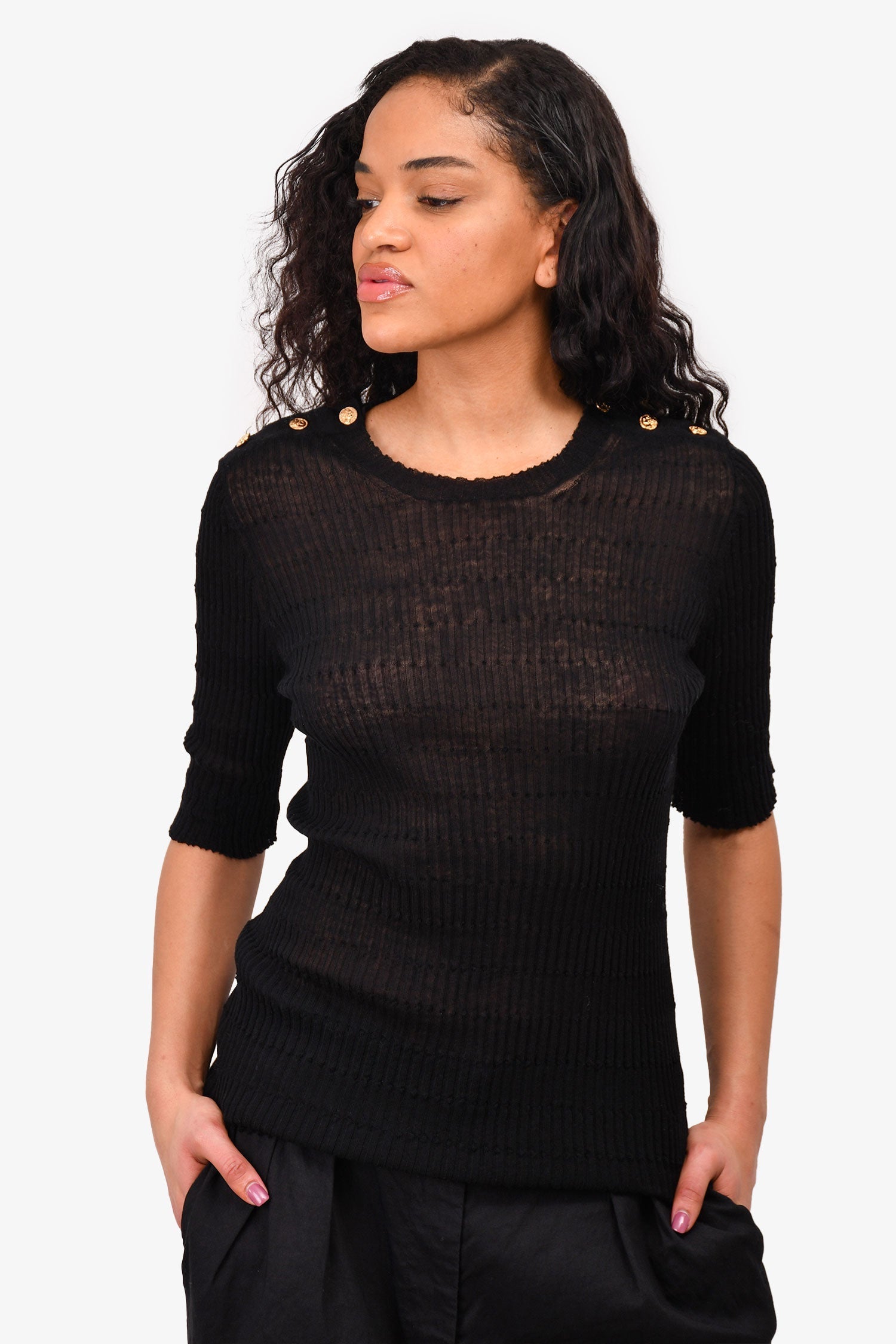 Chanel™ Black Pleated Stretch 3/4 Sleeve Top with Gold Buttons Size 44