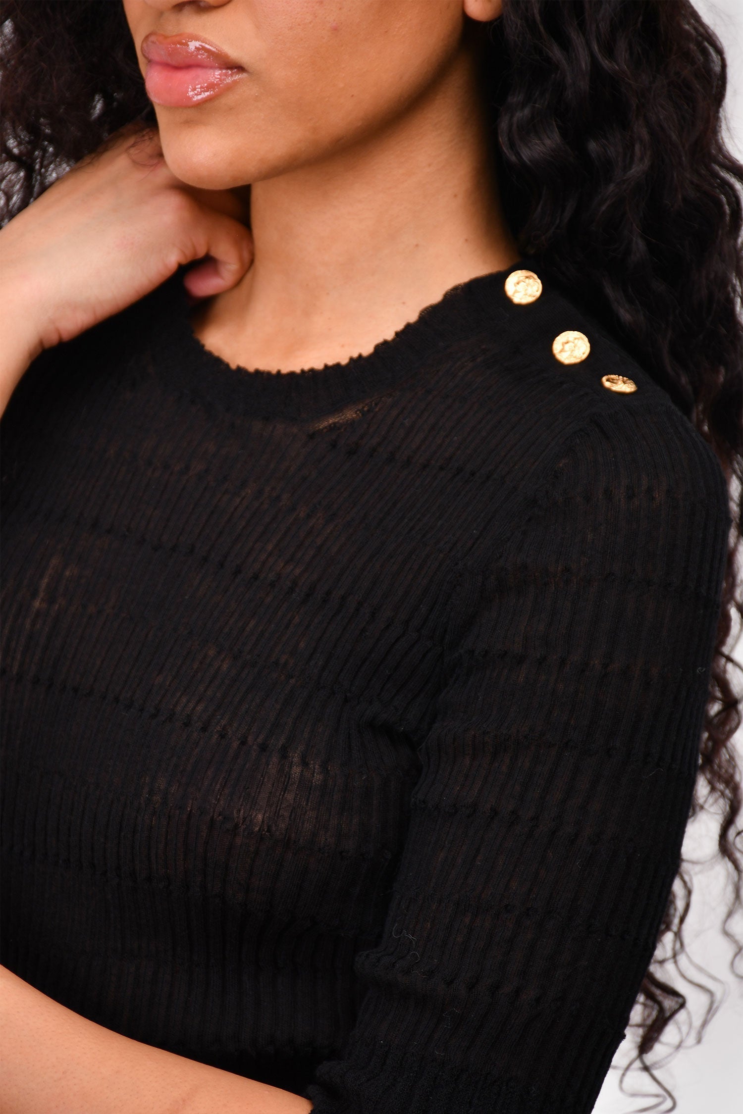 Chanel™ Black Pleated Stretch 3/4 Sleeve Top with Gold Buttons Size 44