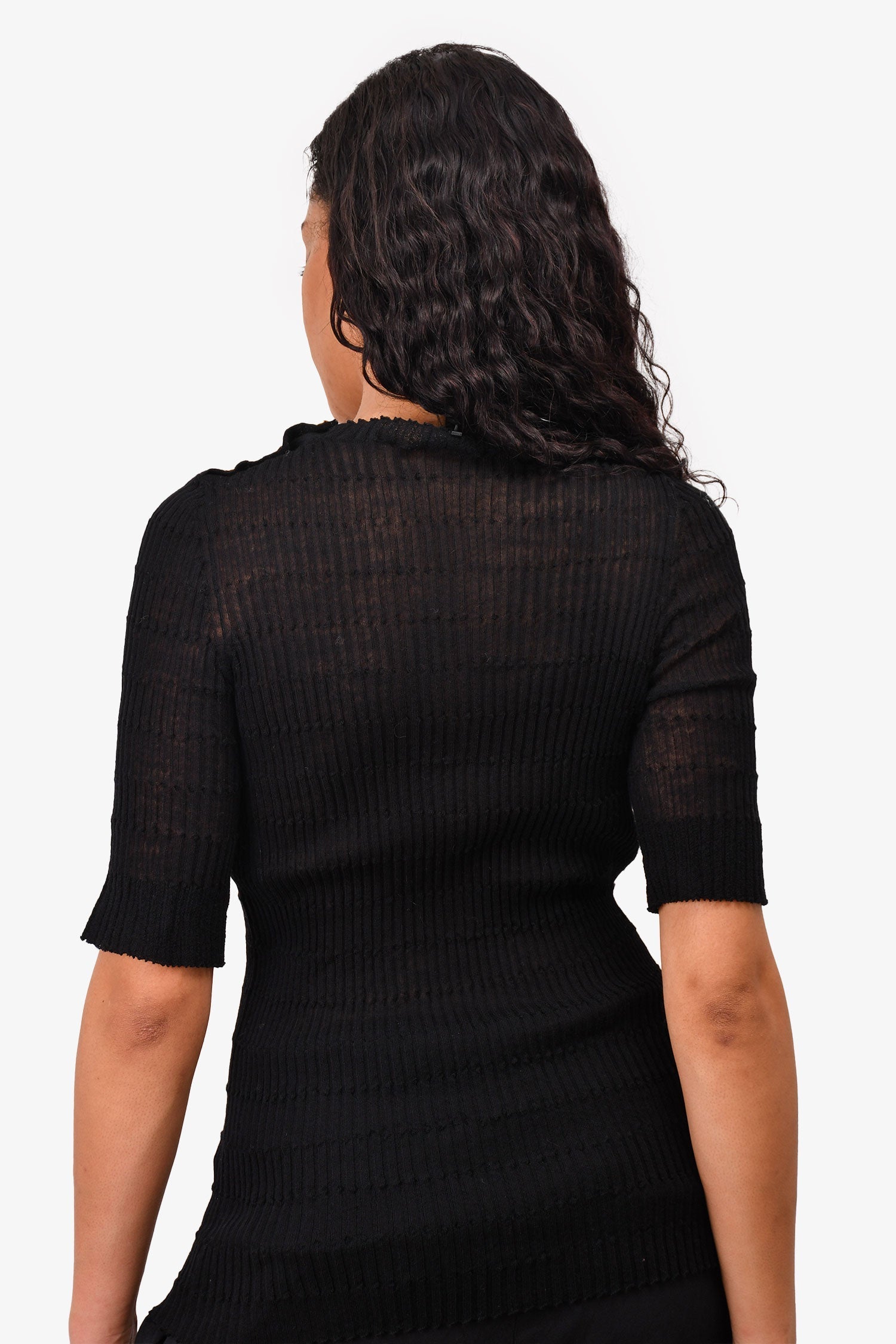 Chanel™ Black Pleated Stretch 3/4 Sleeve Top with Gold Buttons Size 44