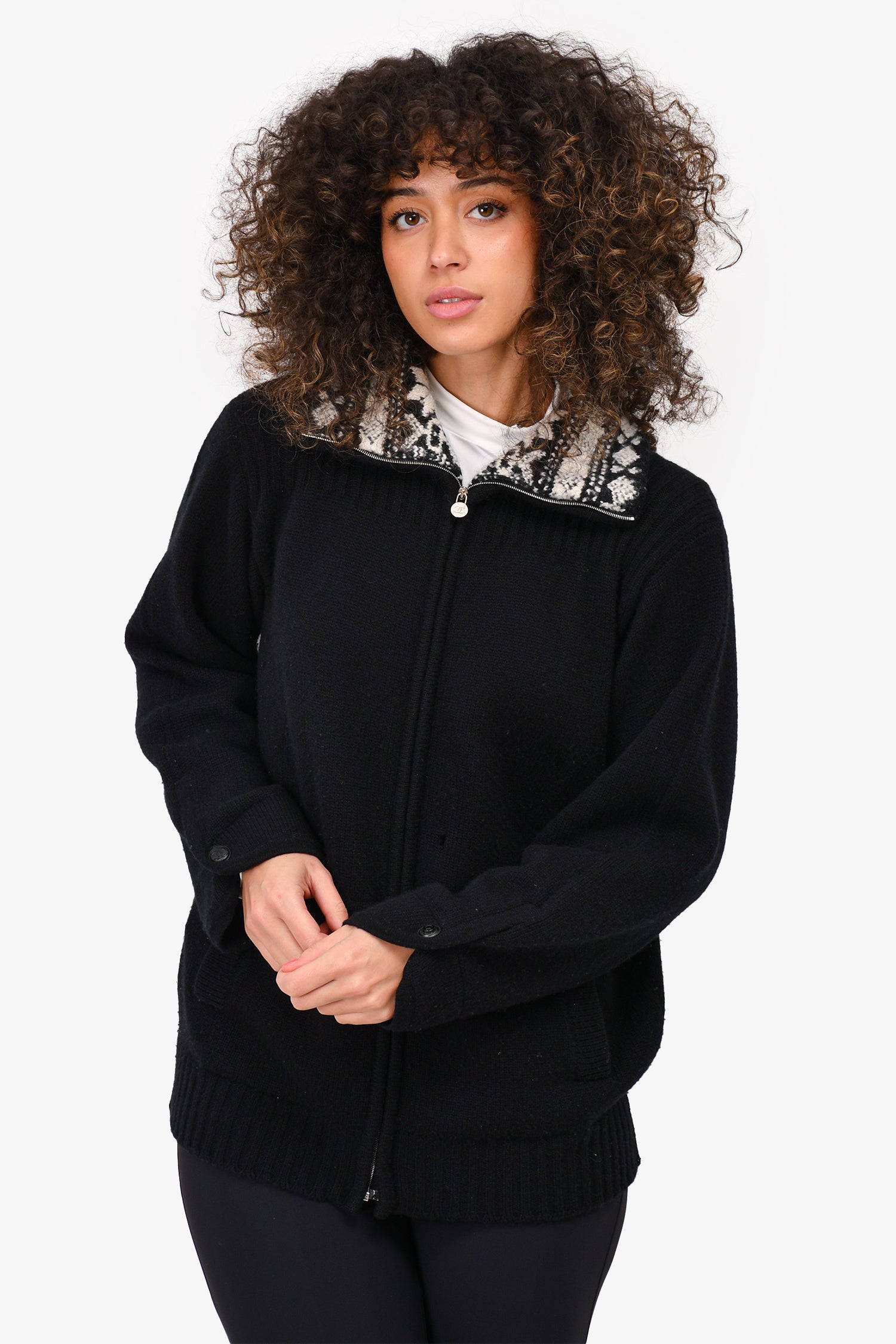 Chanel™ Black Cashmere Patterned Collar Zip Up Sweater Size 44