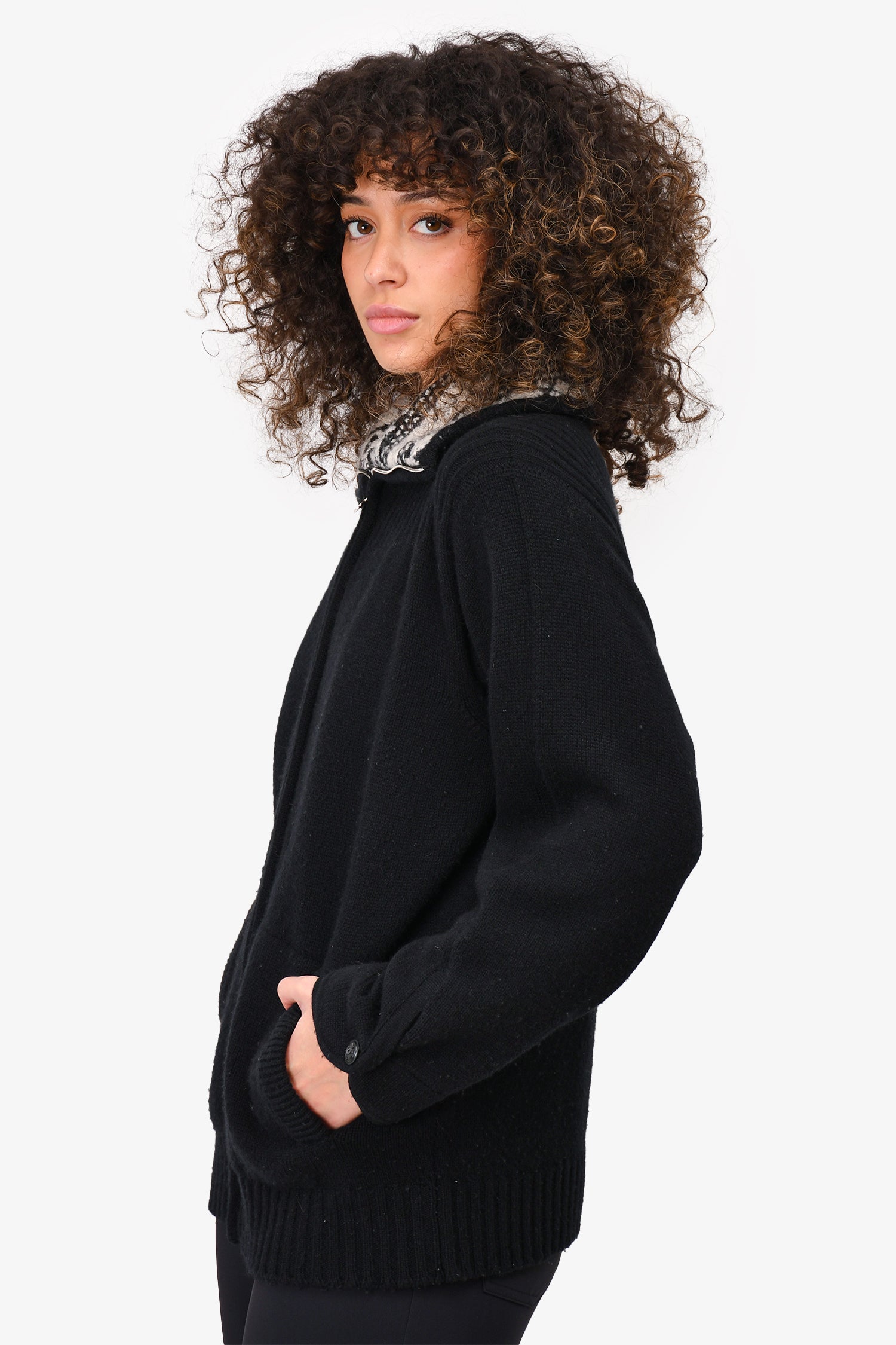 Chanel™ Black Cashmere Patterned Collar Zip Up Sweater Size 44