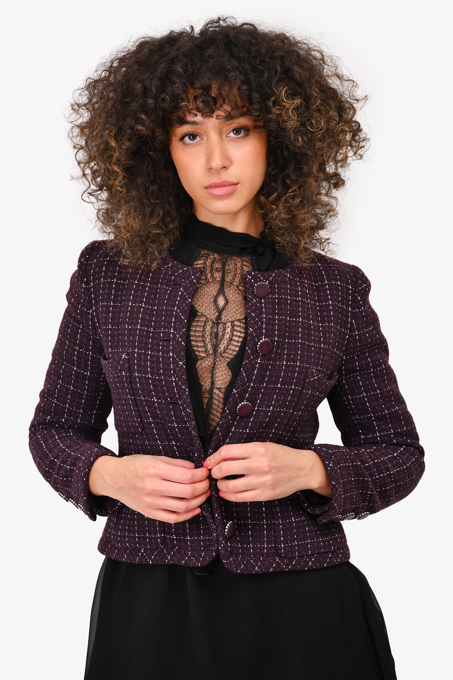 Chanel™ Purple/Silver Tweed Buttoned Evening Jacket (As Is)