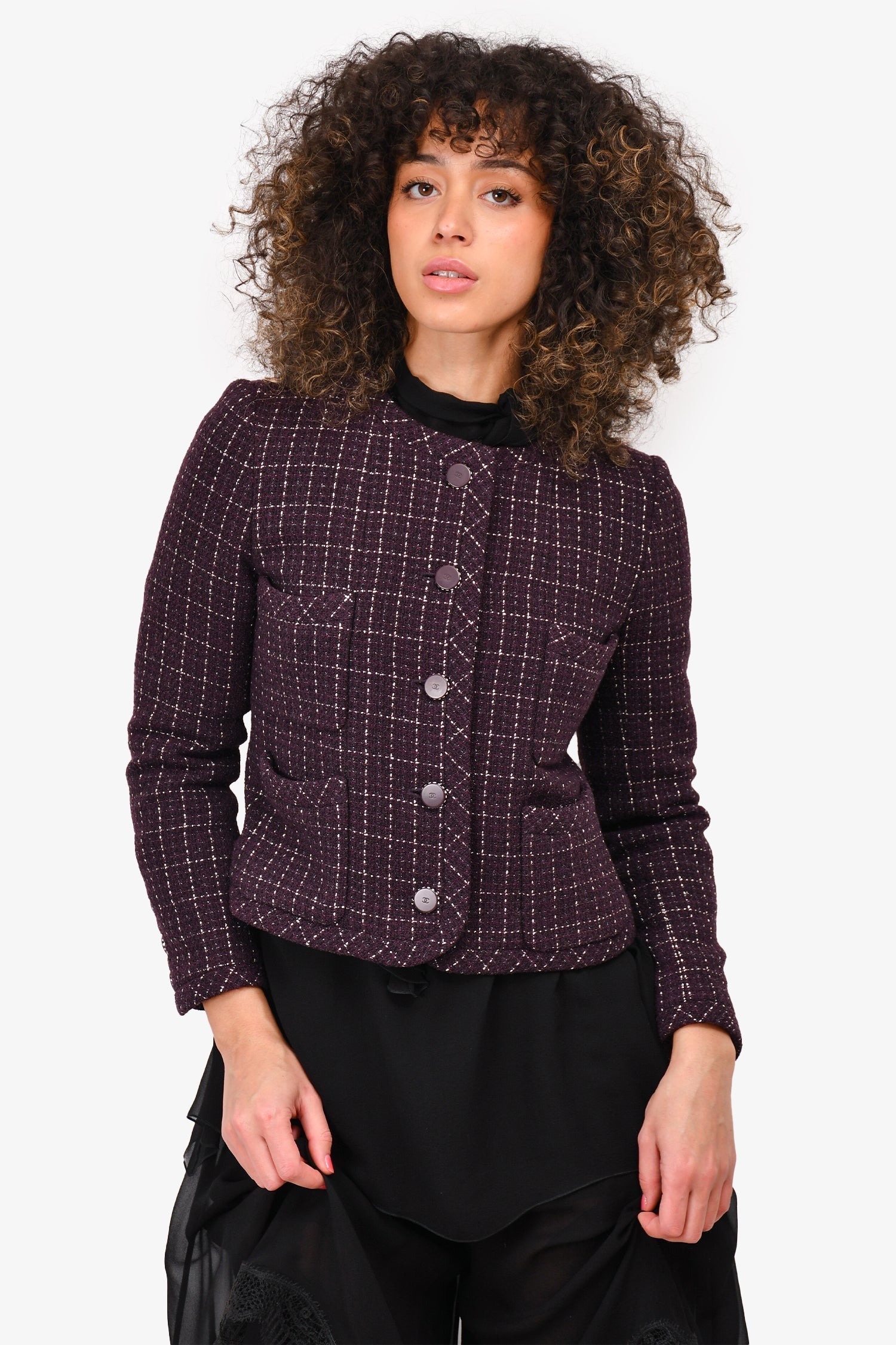 Chanel™ Purple/Silver Tweed Buttoned Evening Jacket (As Is)