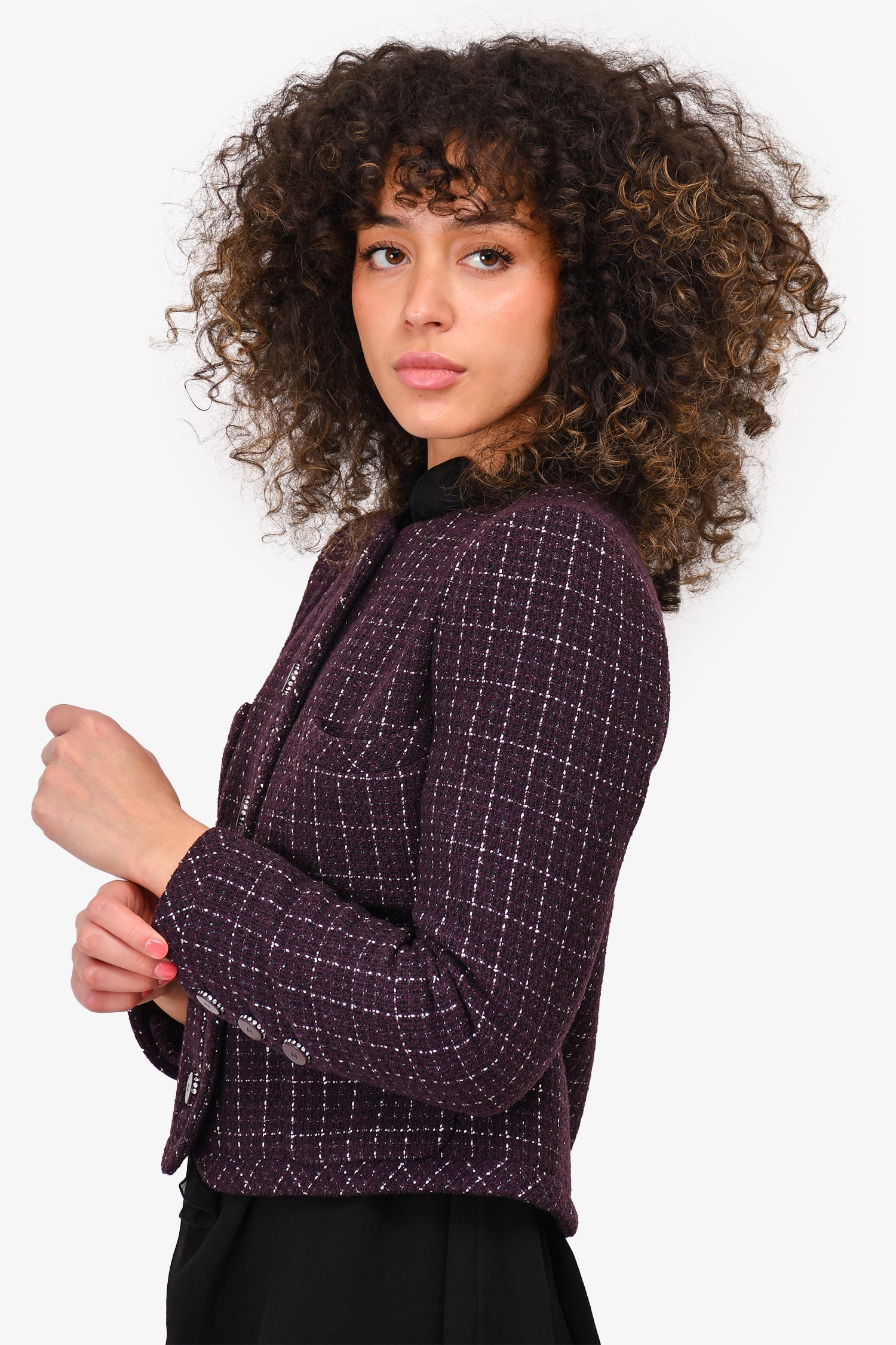 Chanel™ Purple/Silver Tweed Buttoned Evening Jacket (As Is)