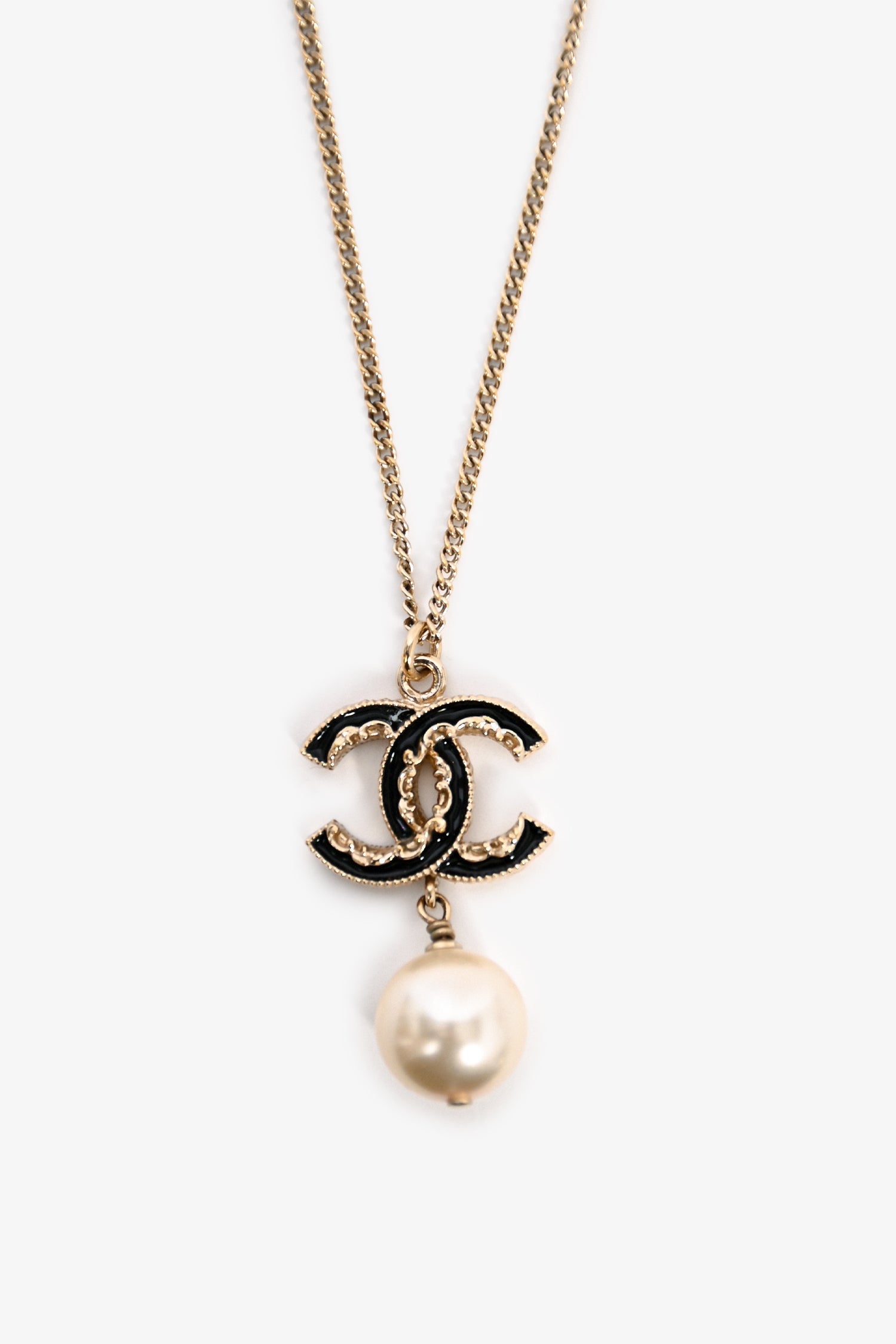 Chanel™ 2014 Gold Toned Black CC Pearl Drop Necklace