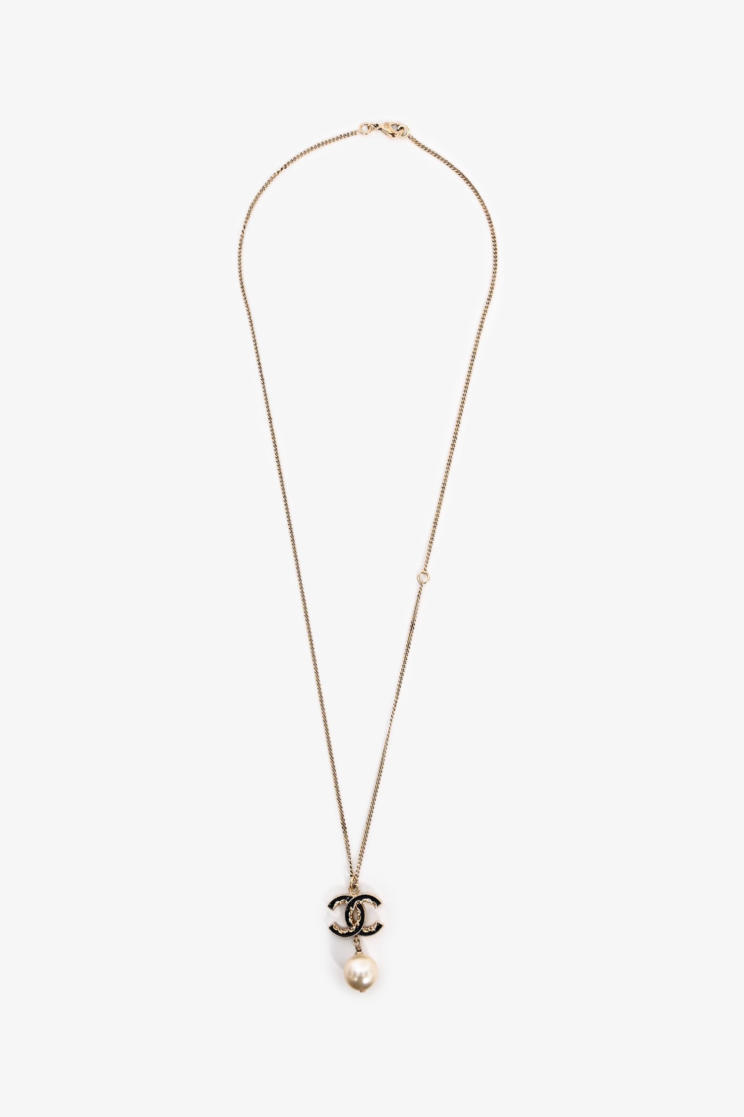 Chanel™ 2014 Gold Toned Black CC Pearl Drop Necklace