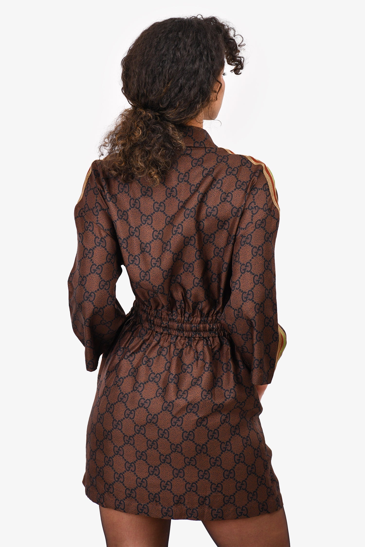 Gucci 2021 Brown Monogram Silk Quarter Zip Mini Dress Size XS