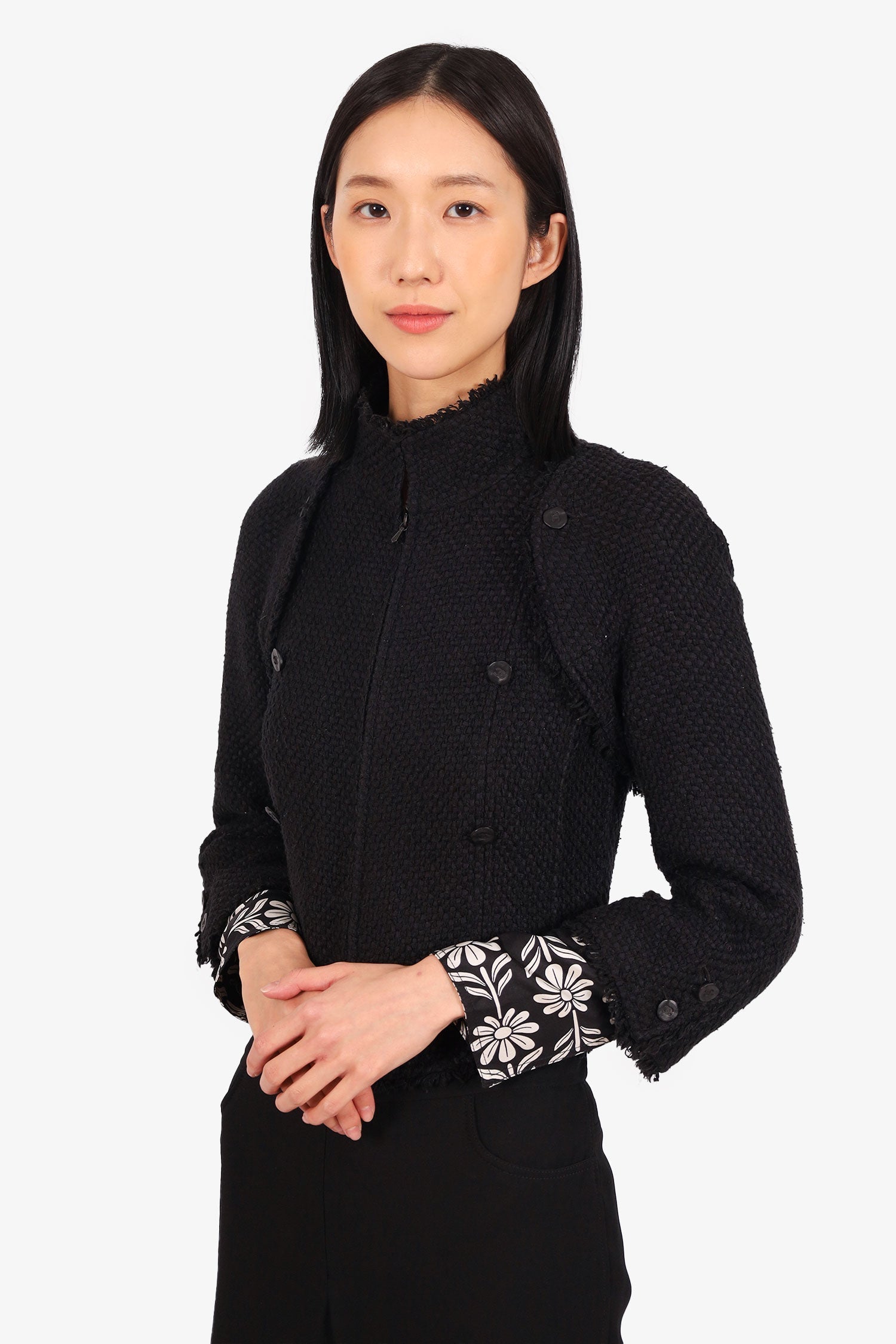 Chanel™ 06P Black Tweed Zip-up Jacket with Detachable Sleeves Size 36