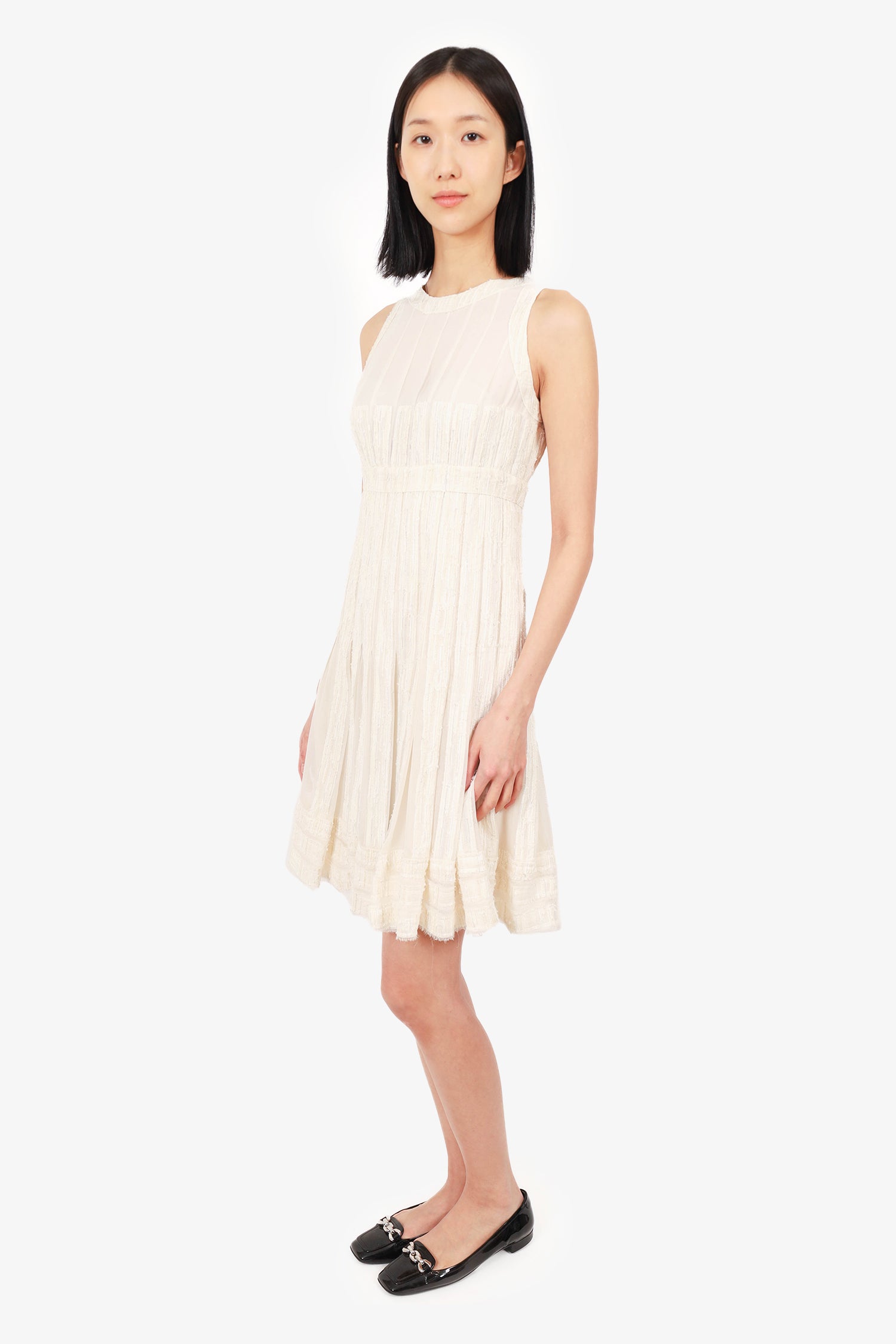 Chanel™ 2007 Cruise Silk Cream/White Sleeveless Pleated Dress Size 38