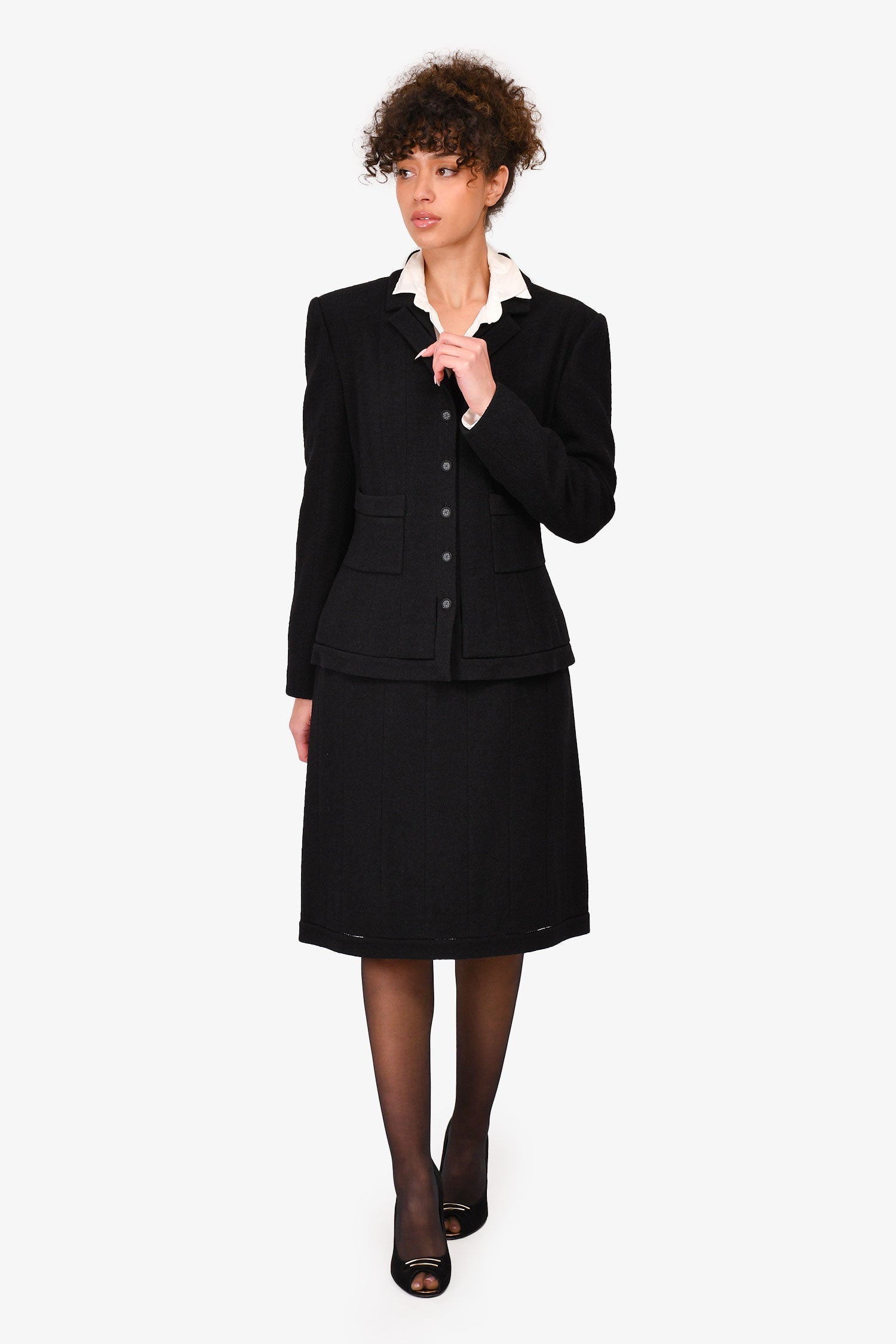 Chanel™ Autumn 2003 Black Tweed Wool Blazer + Skirt Suit Set Size 42