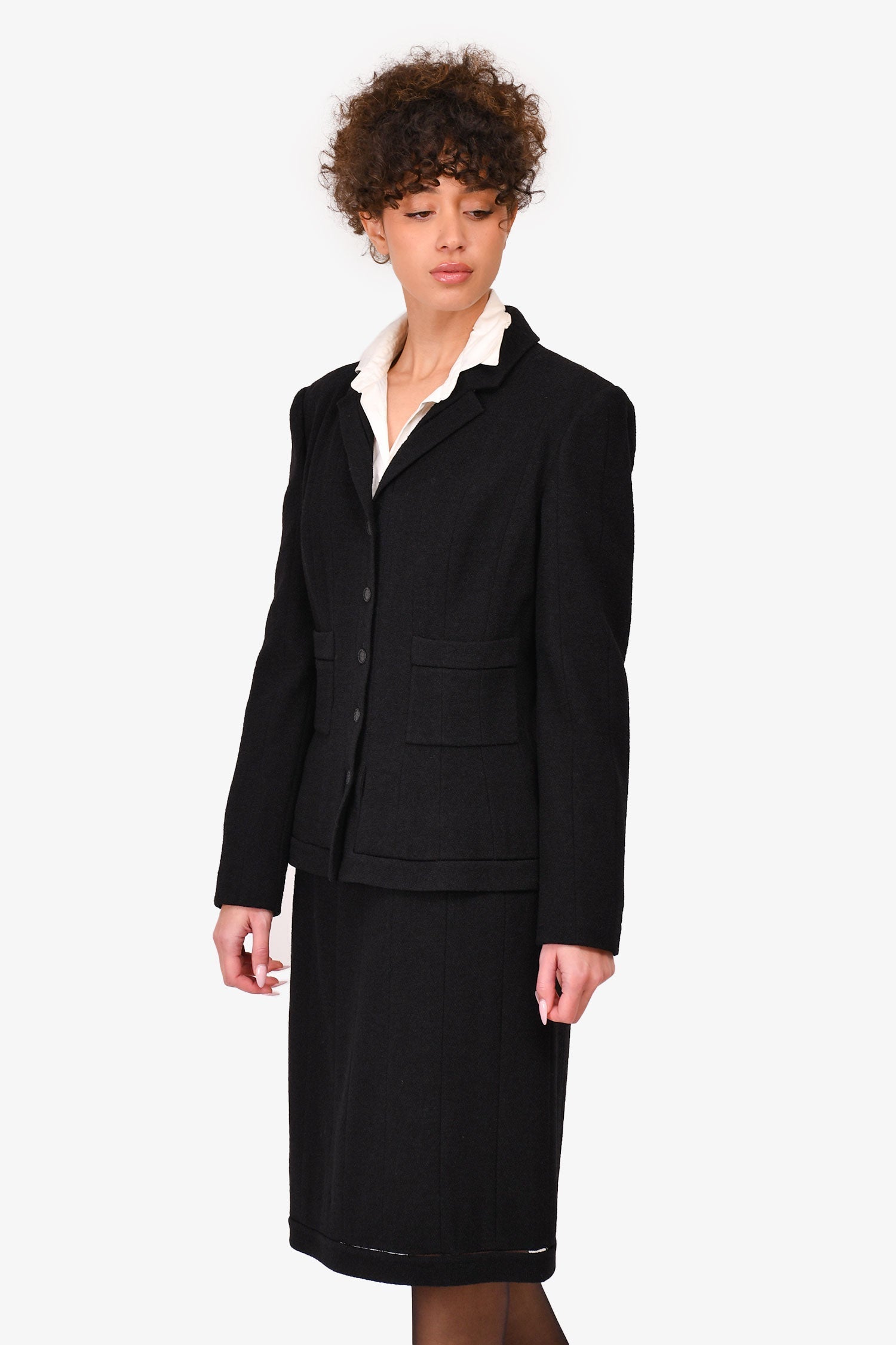 Chanel™ Autumn 2003 Black Tweed Wool Blazer + Skirt Suit Set Size 42