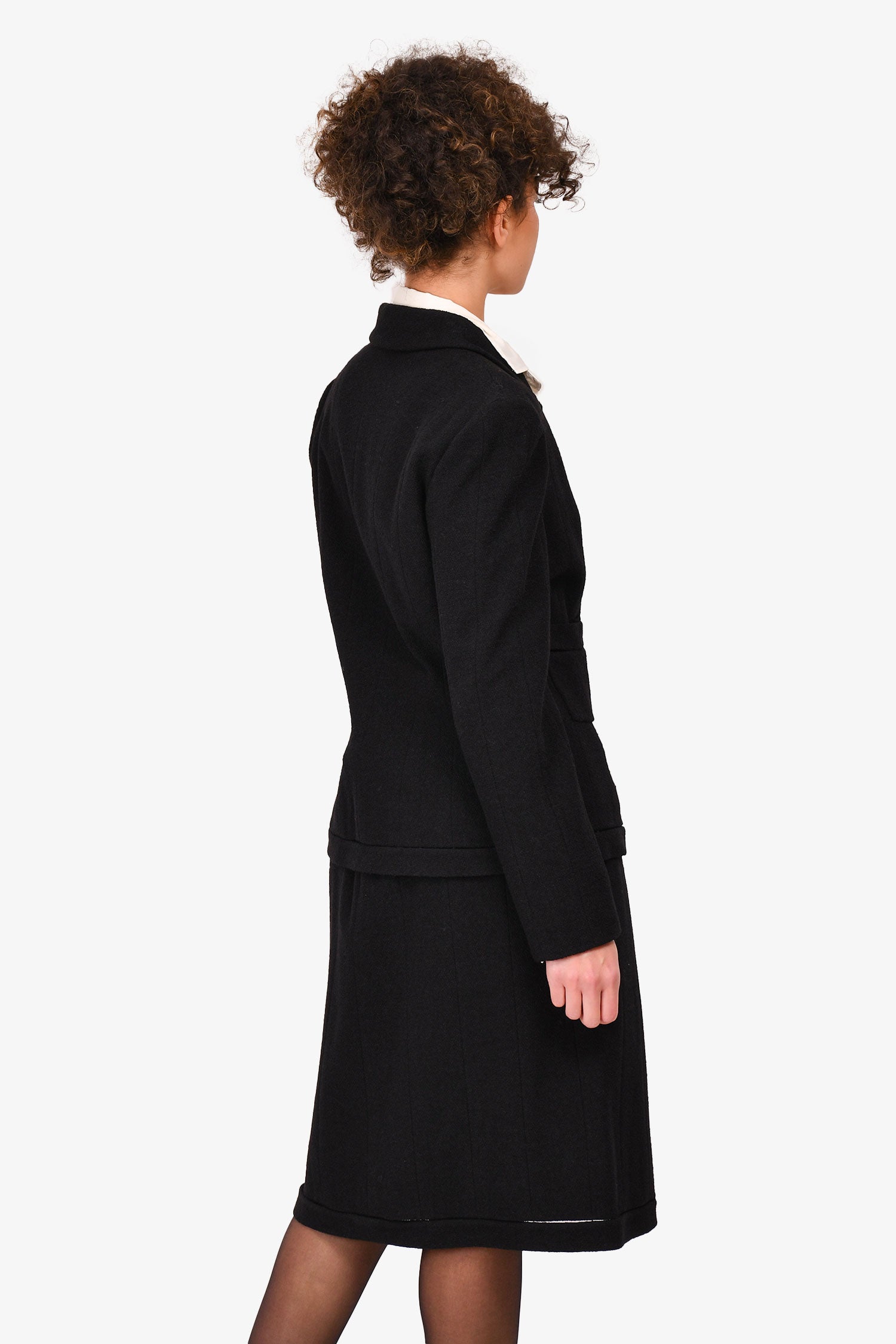 Chanel™ Autumn 2003 Black Tweed Wool Blazer + Skirt Suit Set Size 42
