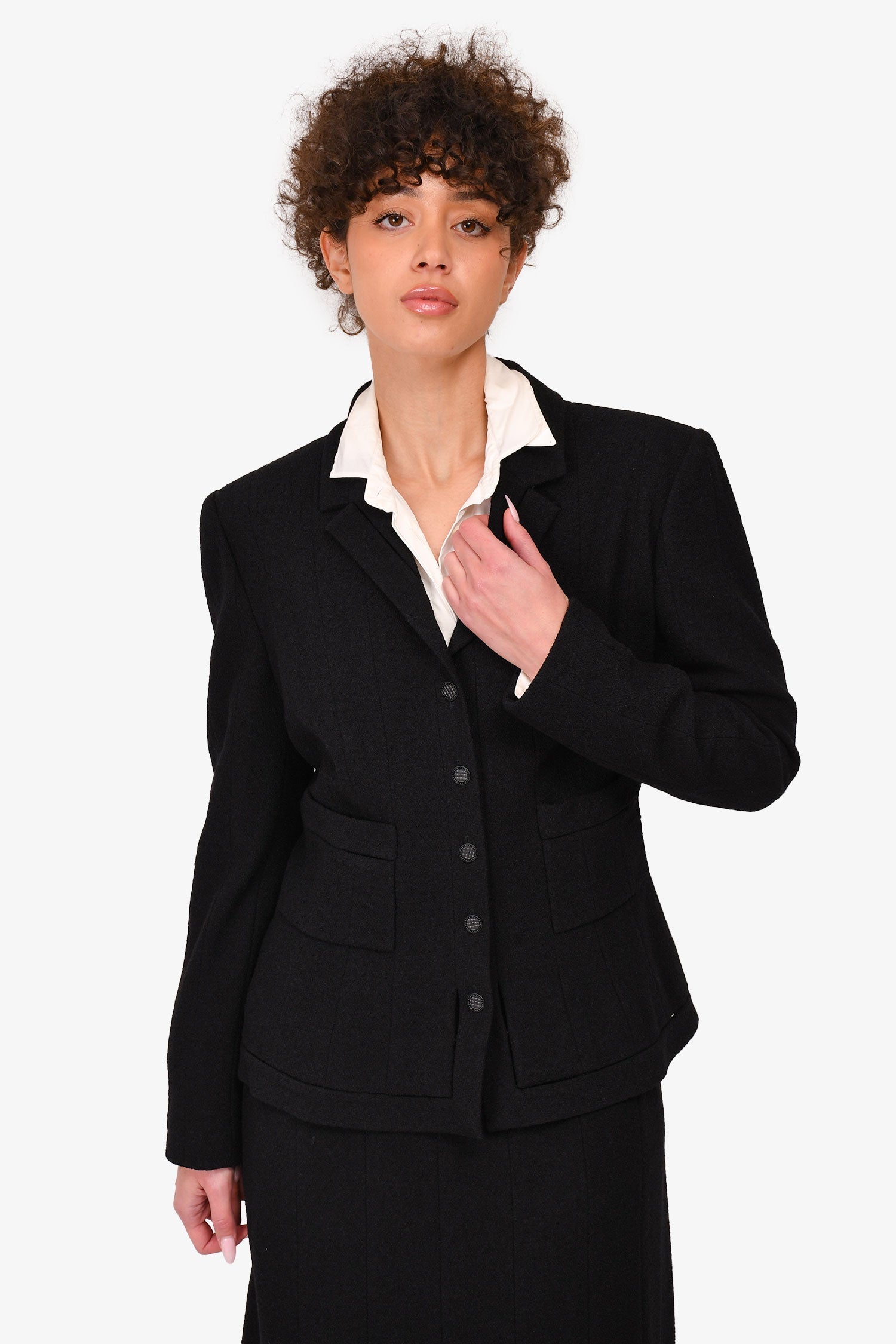 Chanel™ Autumn 2003 Black Tweed Wool Blazer + Skirt Suit Set Size 42