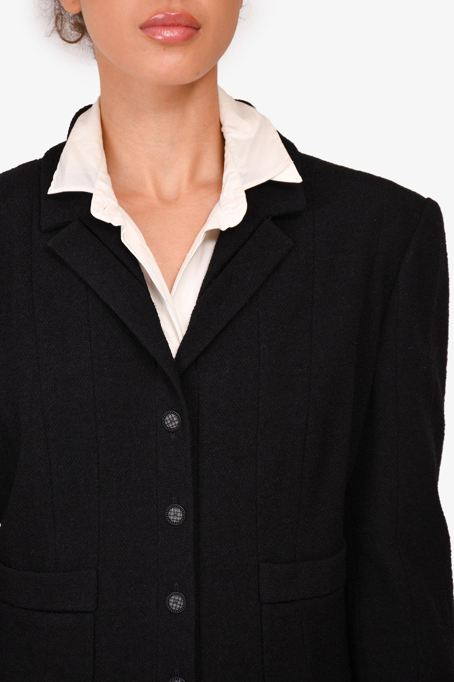 Chanel™ Autumn 2003 Black Tweed Wool Blazer + Skirt Suit Set Size 42