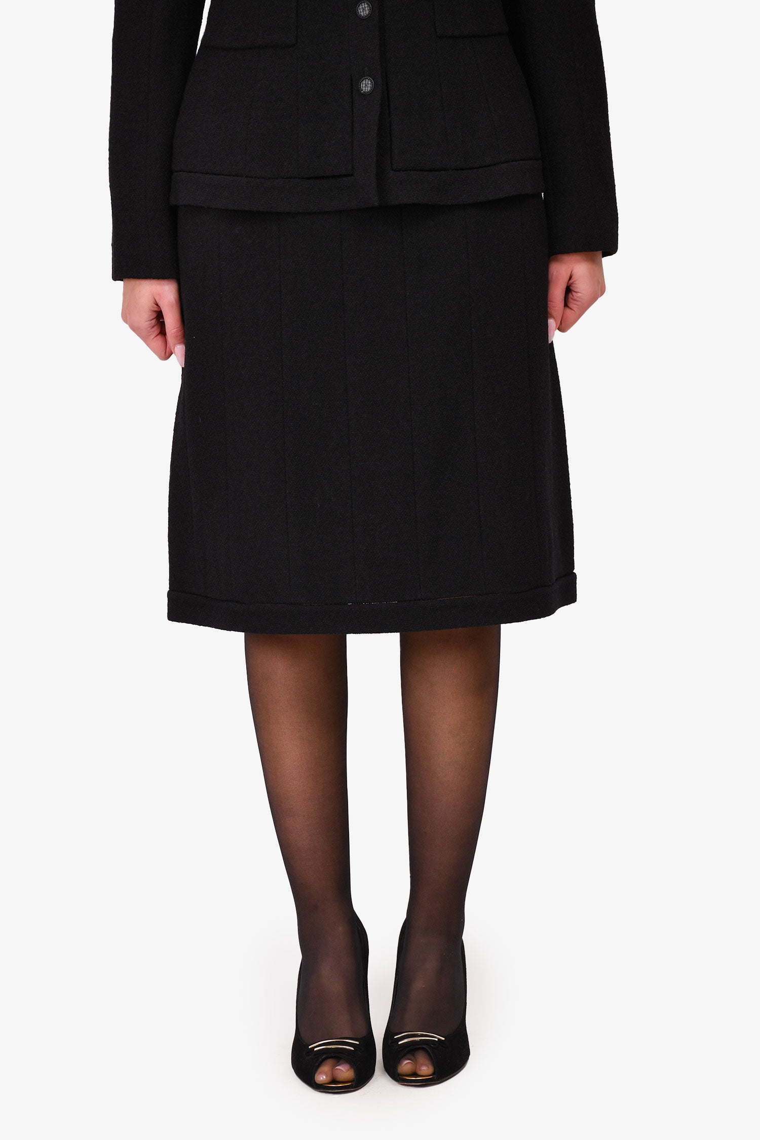 Chanel™ Autumn 2003 Black Tweed Wool Blazer + Skirt Suit Set Size 42