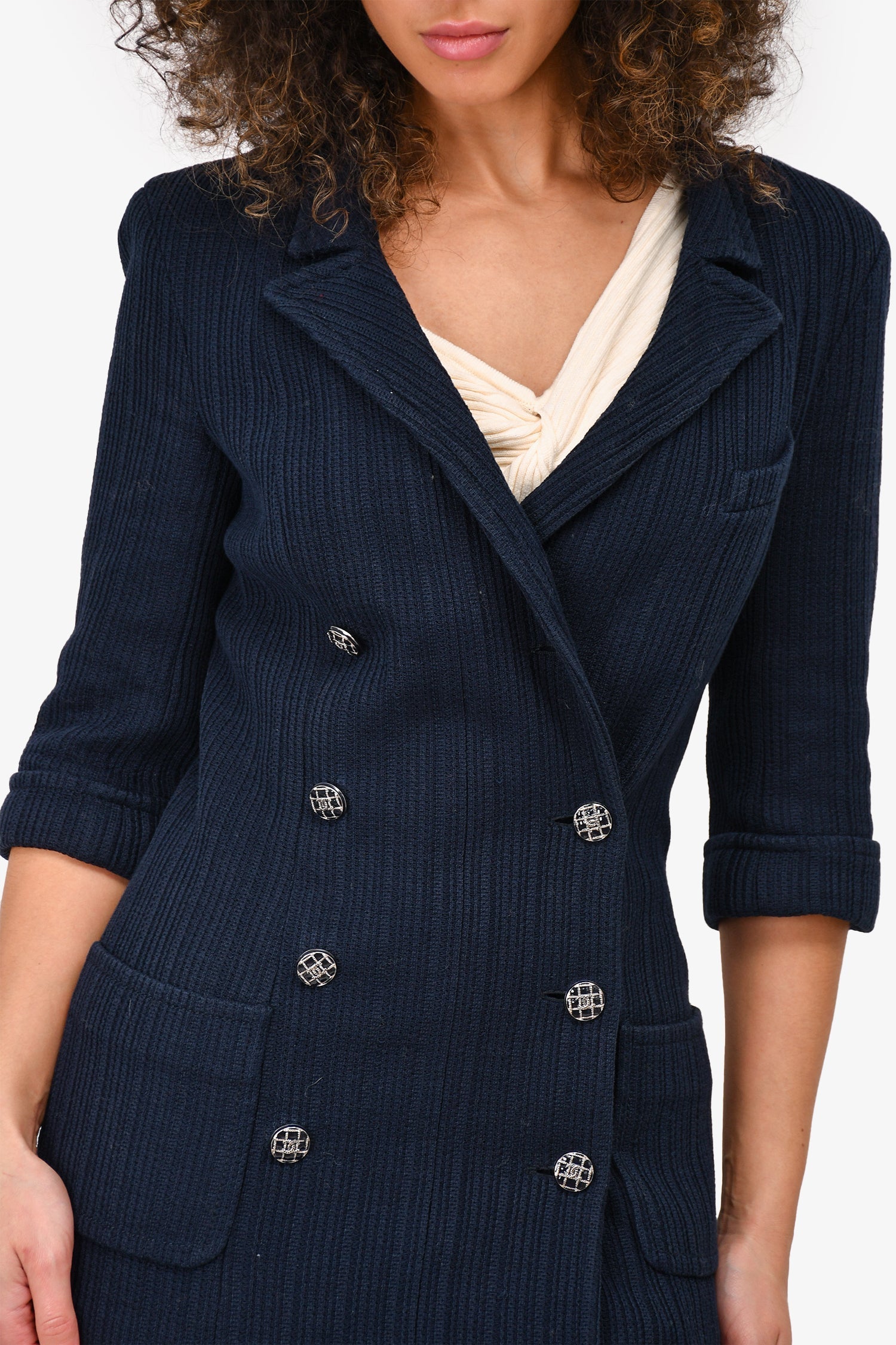 Chanel™ 2013 Navy Pleated Double Breasted Blazer Jacket Size 38