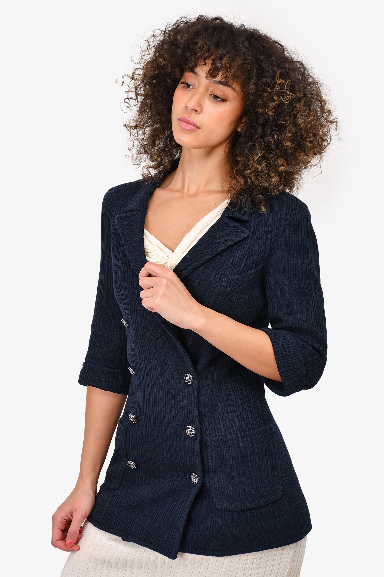 Chanel™ 2013 Navy Pleated Double Breasted Blazer Jacket Size 38