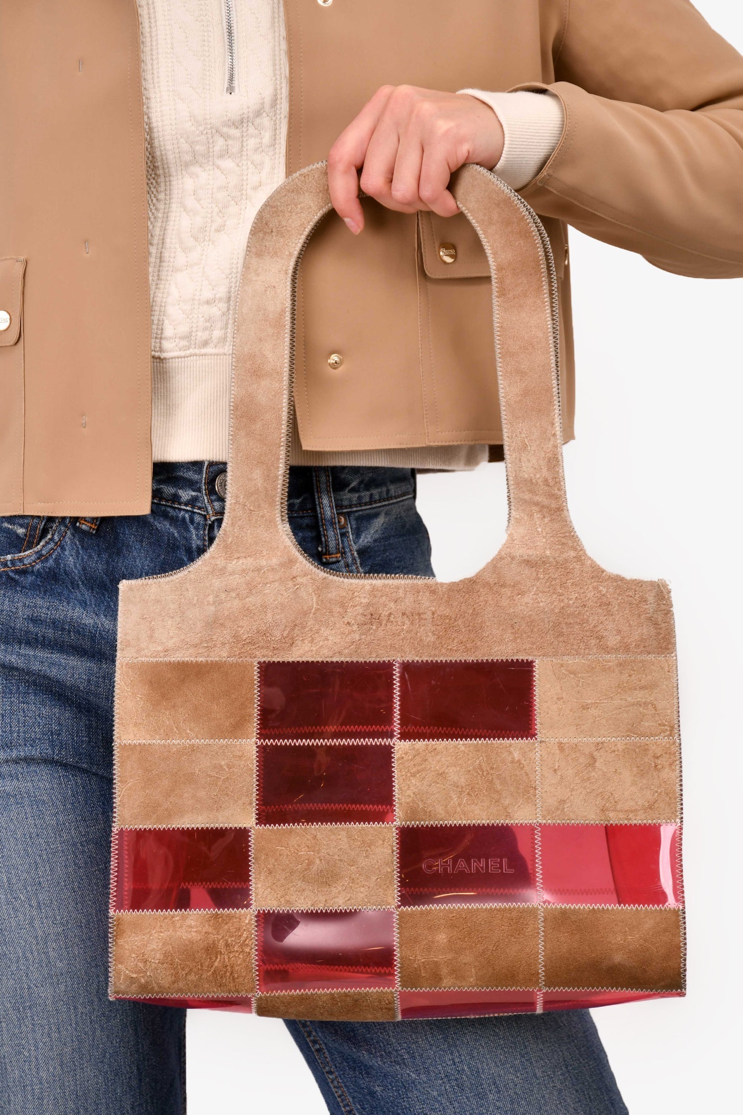 Chanel™ 1997/99 Pink/Beige Suede Translucent Patchwork Tote (As Is)