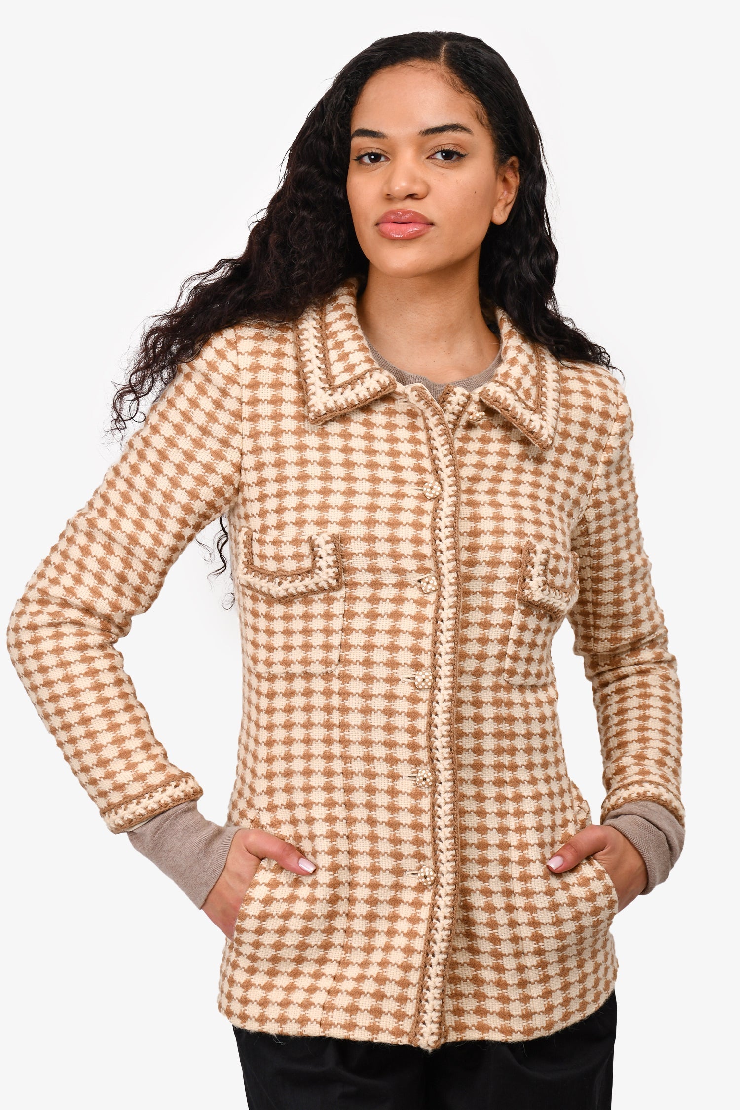 Chanel™ 2000 Brown/Cream Wool/Alpaca Blazer Jacket Size 38
