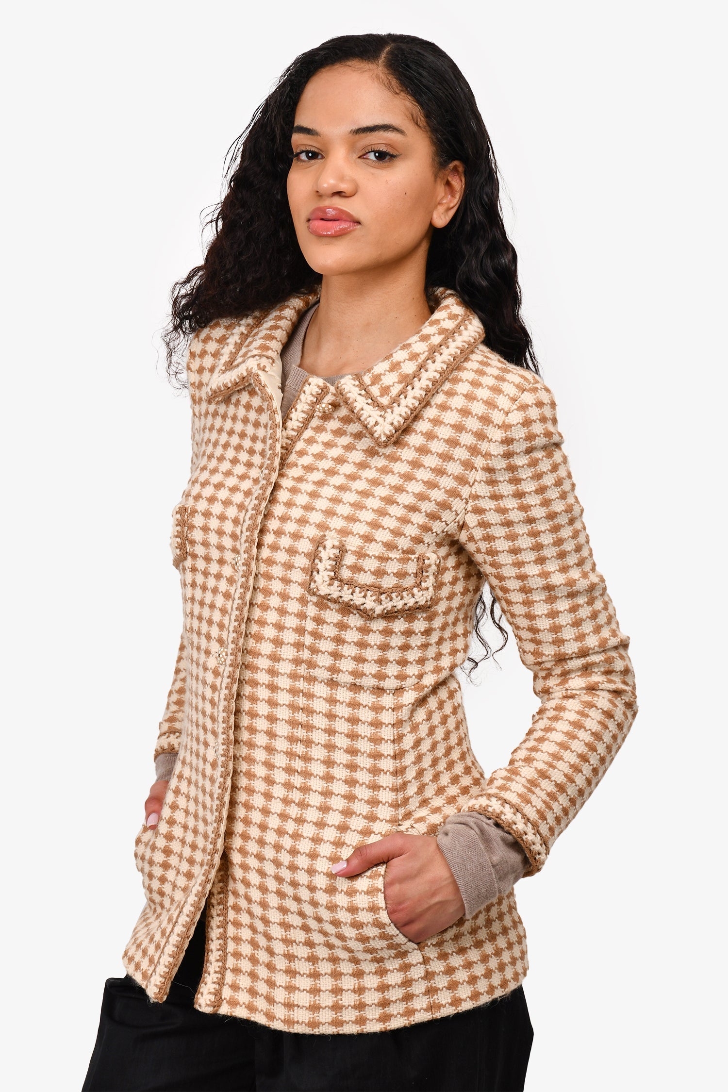 Chanel™ 2000 Brown/Cream Wool/Alpaca Blazer Jacket Size 38