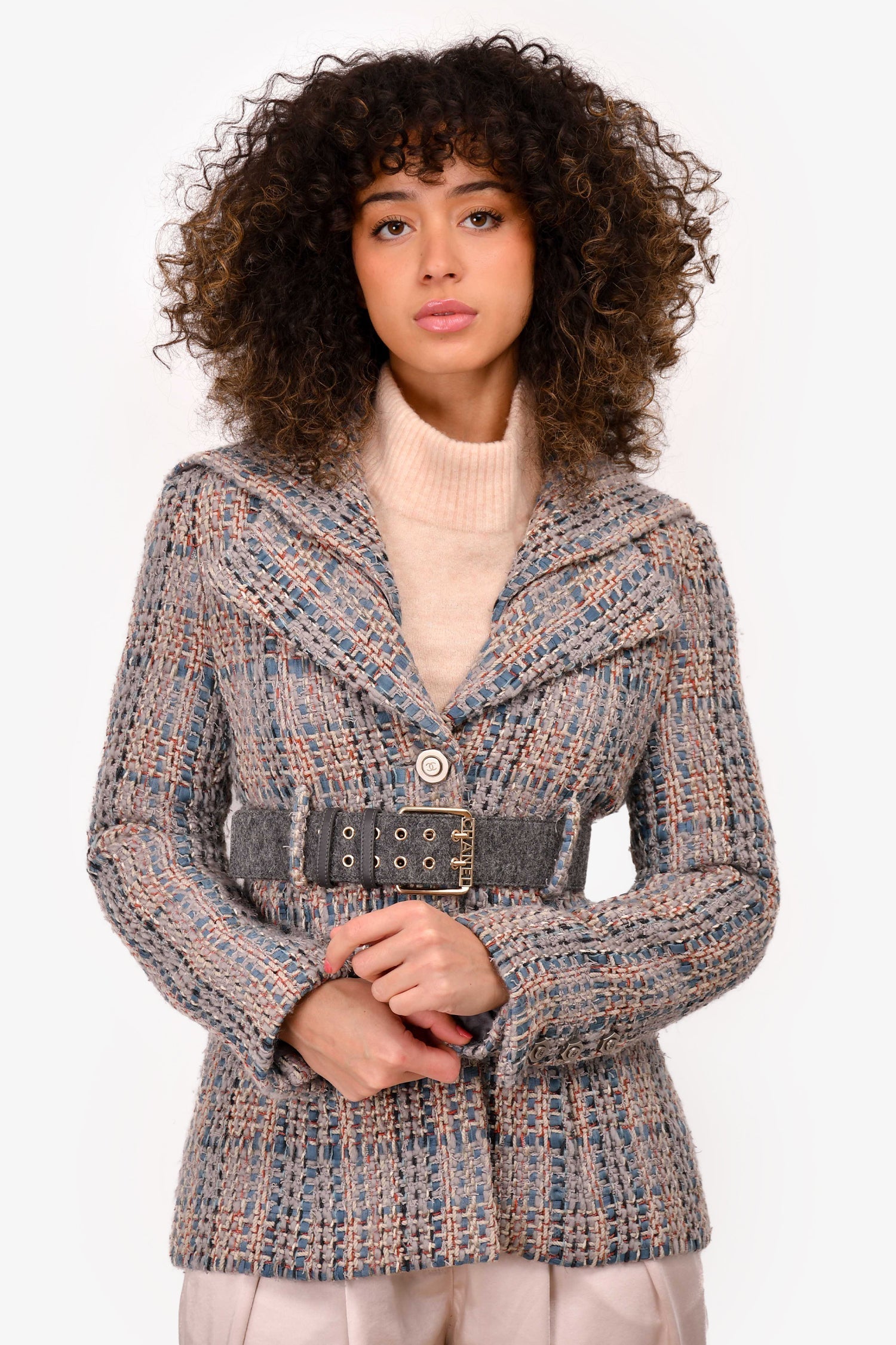Chanel™ 2018 Autumn Grey/Blue Tweed Belted Jacket Size 36