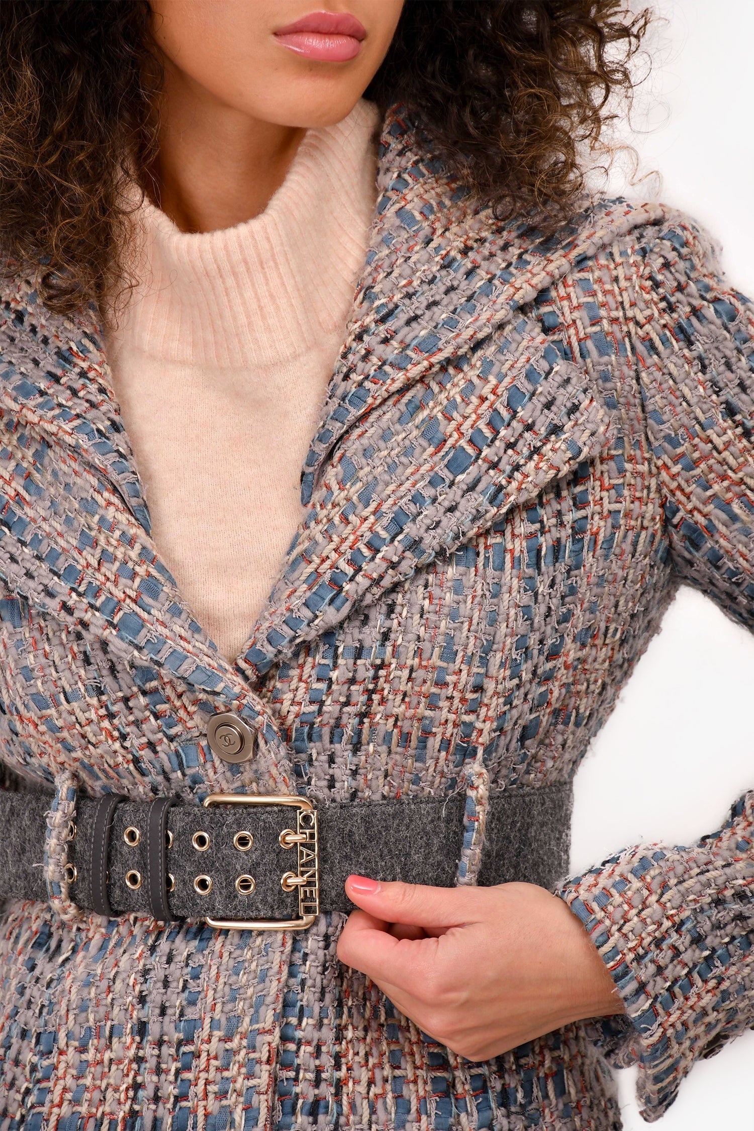 Chanel™ 2018 Autumn Grey/Blue Tweed Belted Jacket Size 36