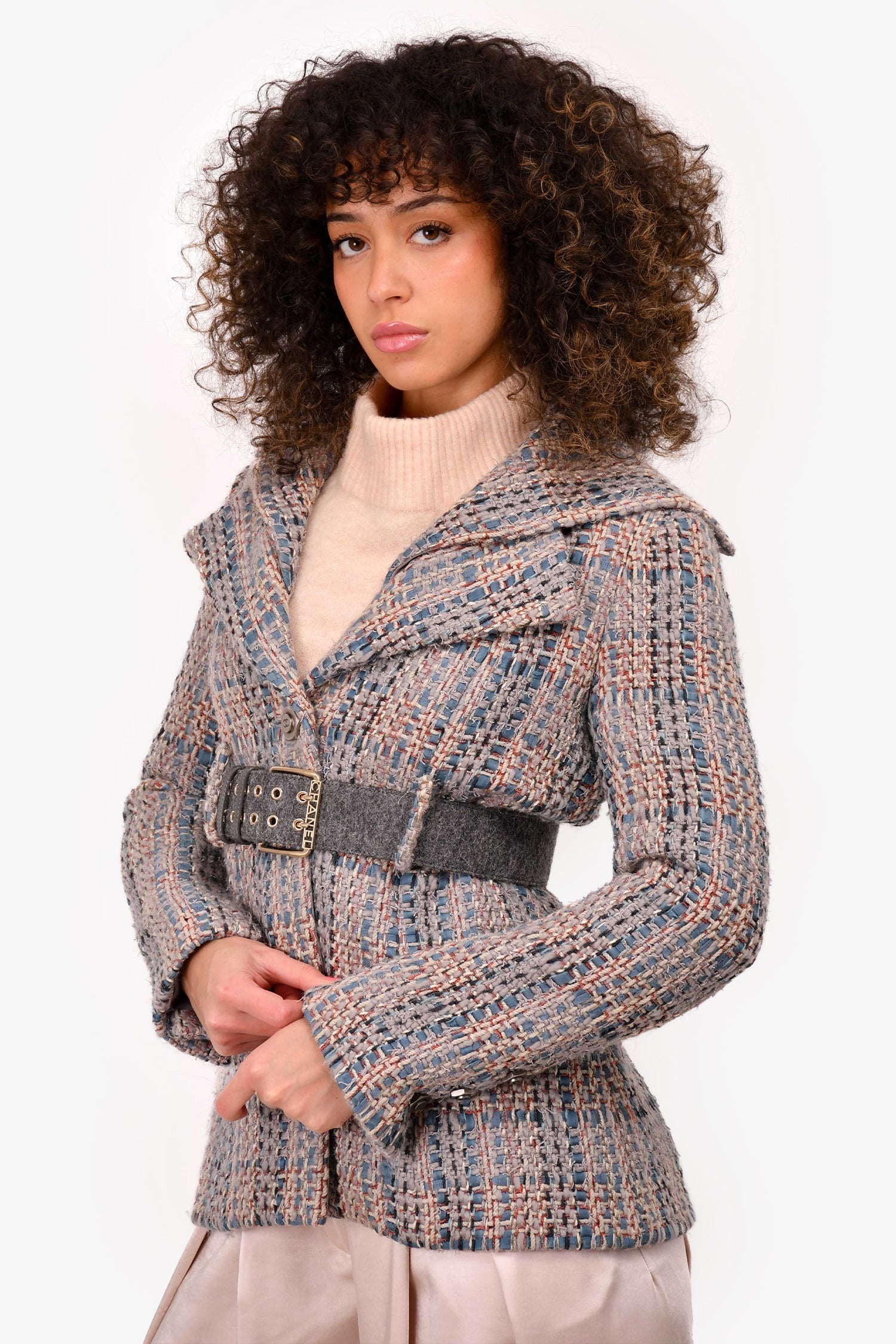Chanel™ 2018 Autumn Grey/Blue Tweed Belted Jacket Size 36