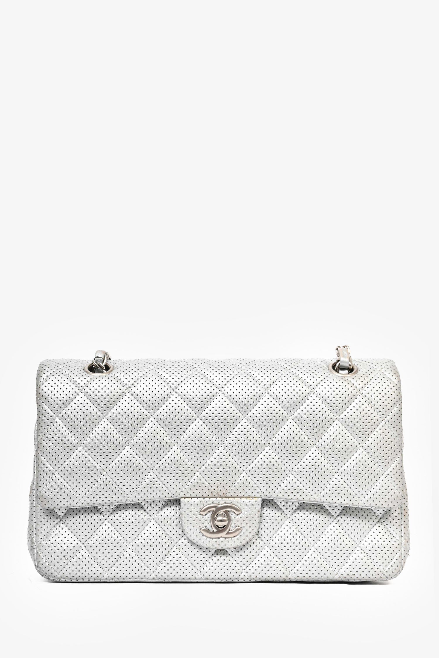 Chanel™ 2014 Silver Perforated Leather Medium Double Flap Shoulder Bag