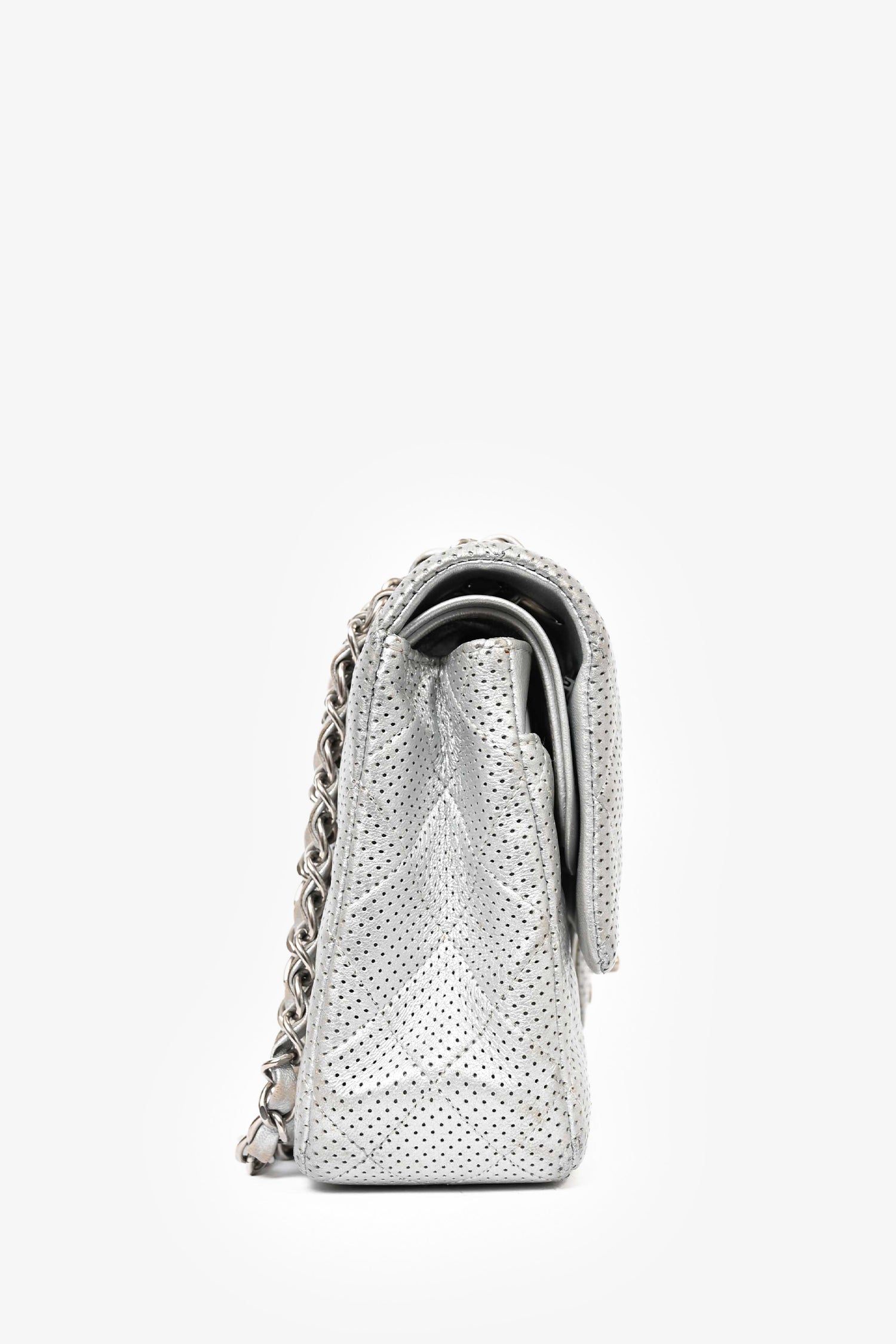 Chanel™ 2014 Silver Perforated Leather Medium Double Flap Shoulder Bag
