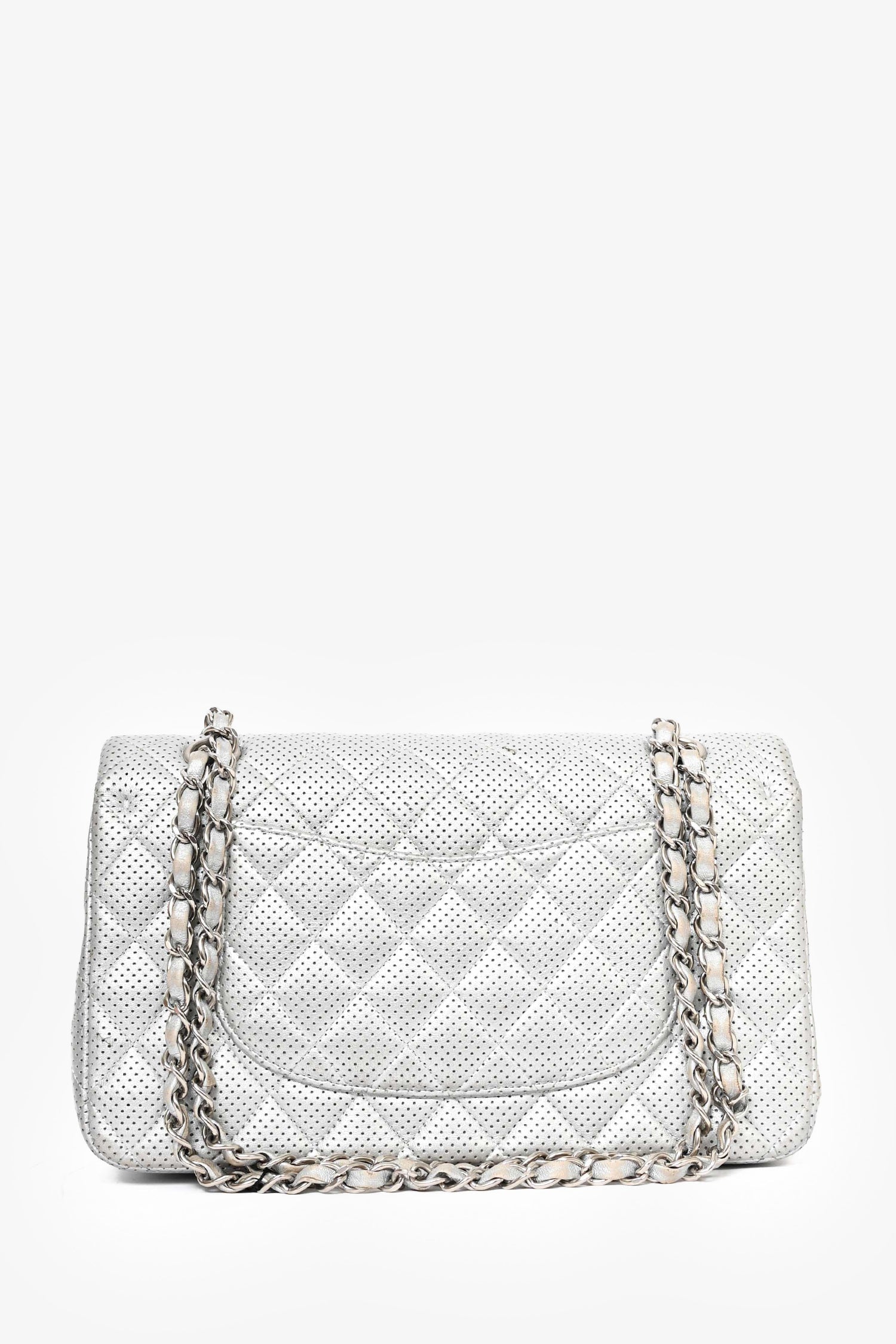 Chanel™ 2014 Silver Perforated Leather Medium Double Flap Shoulder Bag