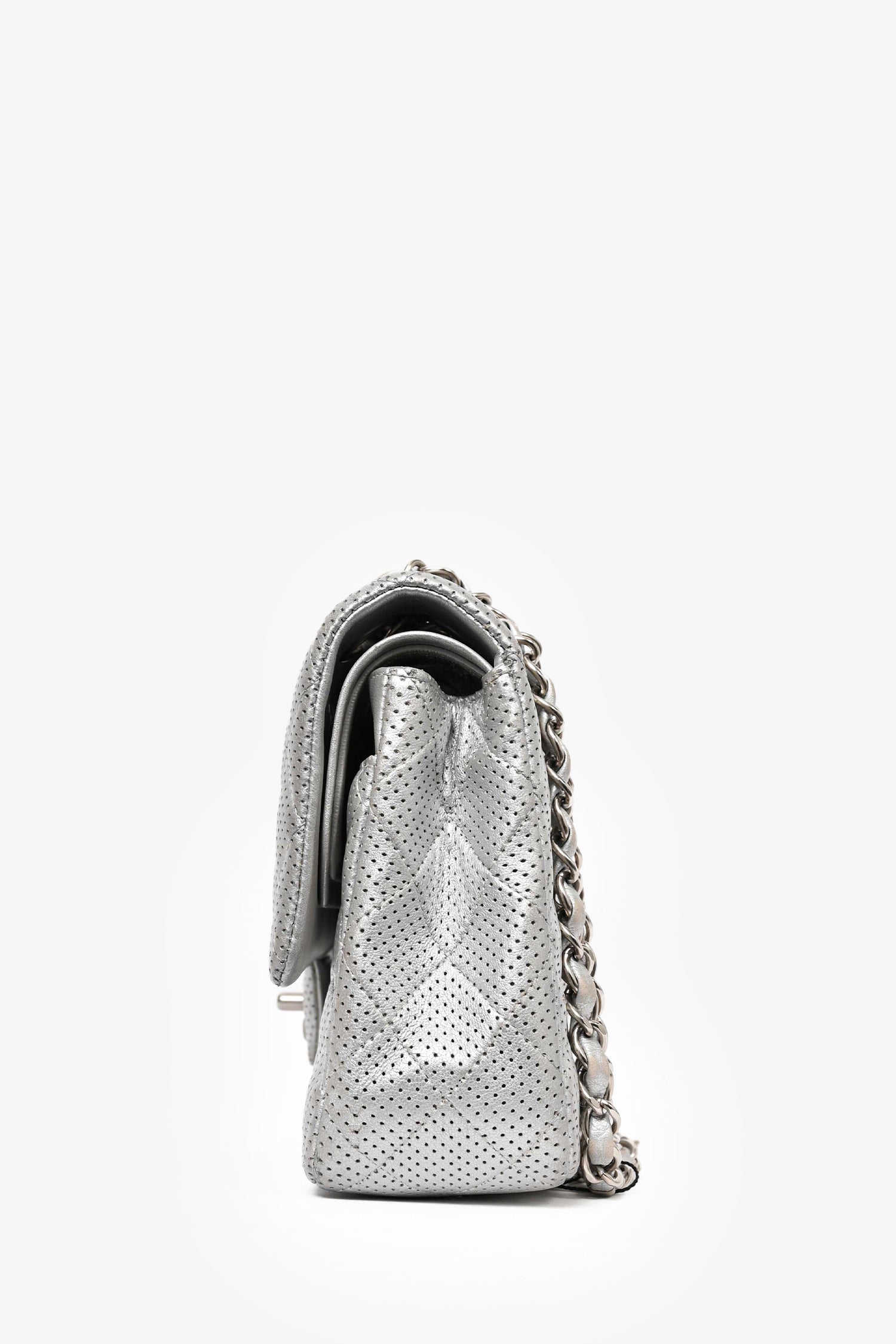Chanel™ 2014 Silver Perforated Leather Medium Double Flap Shoulder Bag