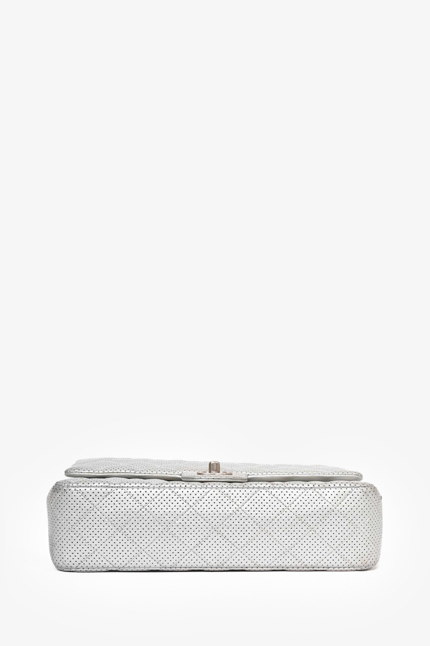 Chanel™ 2014 Silver Perforated Leather Medium Double Flap Shoulder Bag