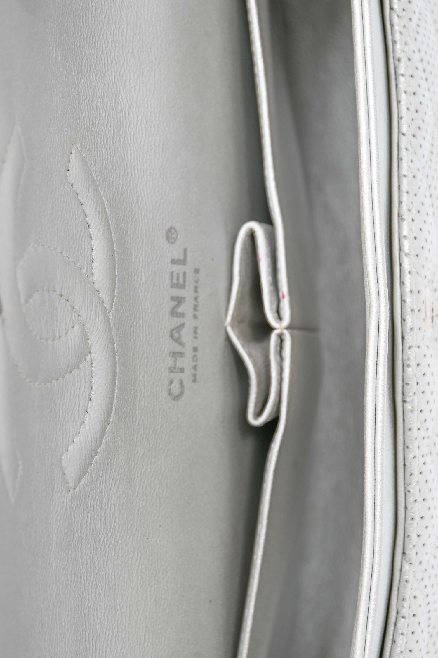Chanel™ 2014 Silver Perforated Leather Medium Double Flap Shoulder Bag