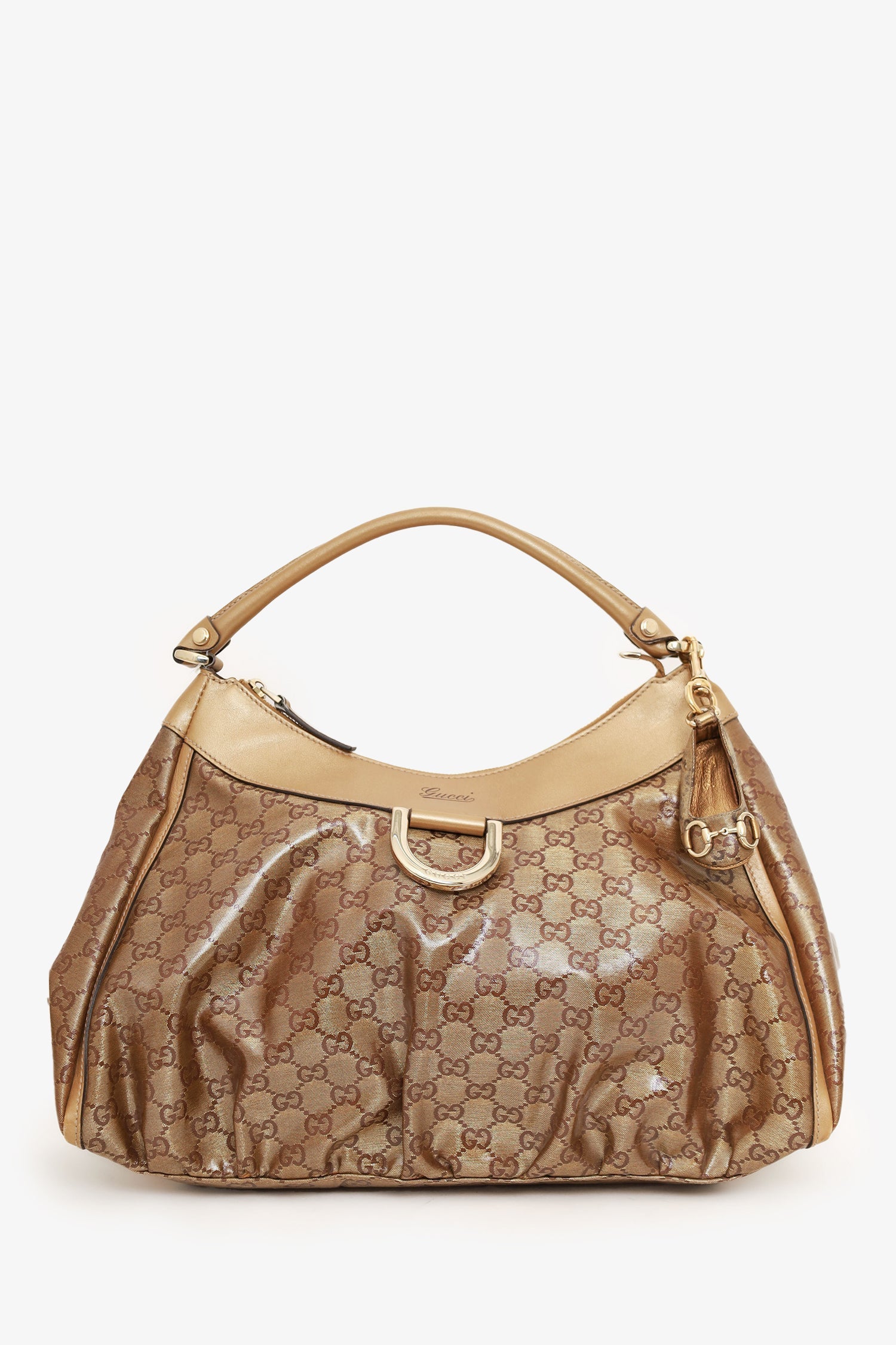 Gucci Brown GG Crystal Abbey D-Ring Shoulder Bag with Charm