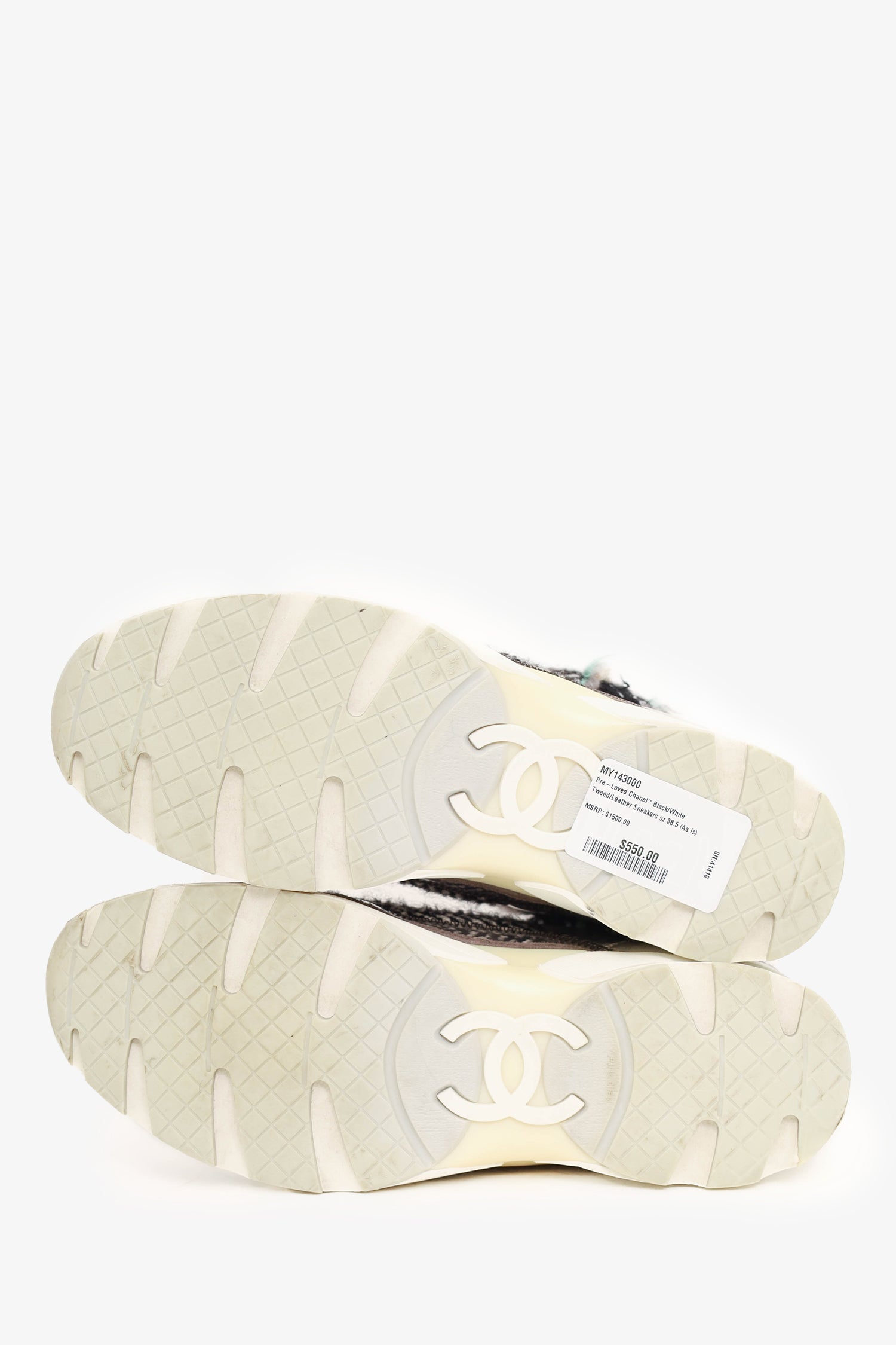 Chanel™ Black/White Tweed/Leather Sneakers Size 38.5