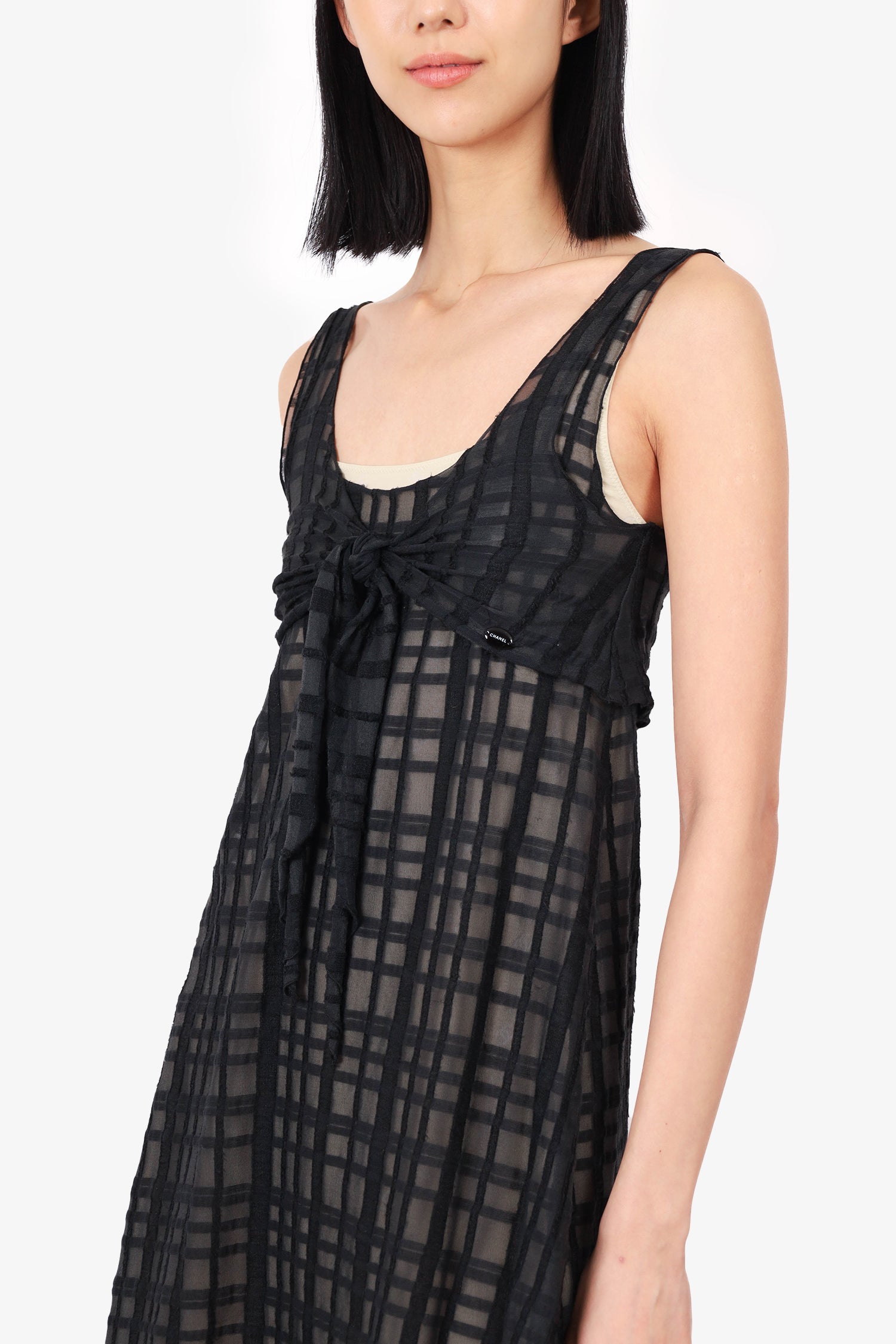 Chanel™ 2006 Black Silk/Cotton Checkered Tie-Front Babydoll Dress Size 34