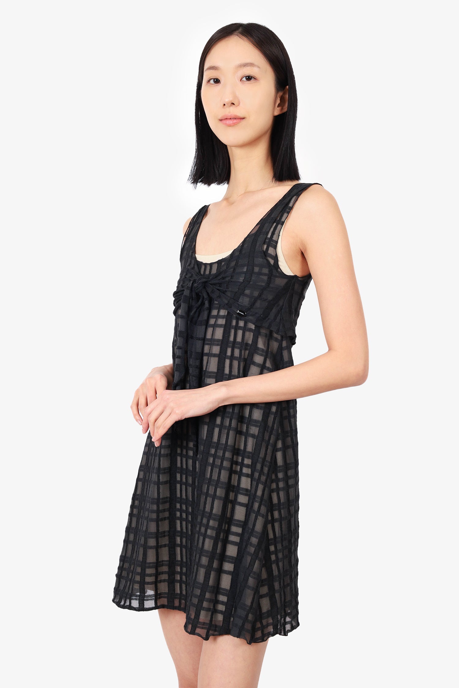 Chanel™ 2006 Black Silk/Cotton Checkered Tie-Front Babydoll Dress Size 34