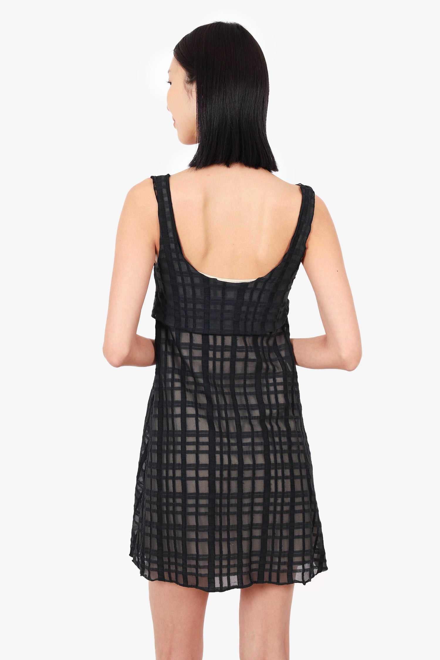 Chanel™ 2006 Black Silk/Cotton Checkered Tie-Front Babydoll Dress Size 34