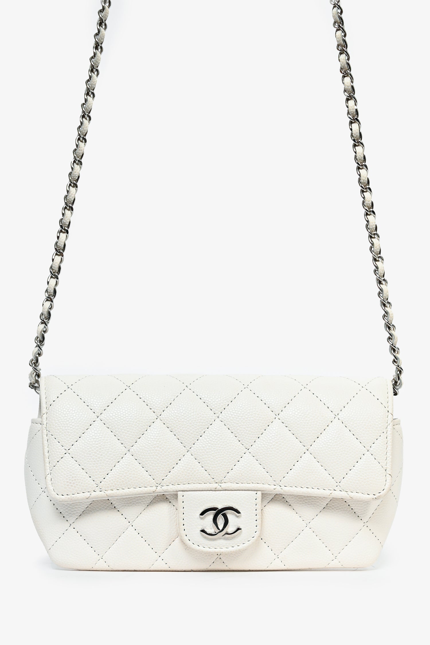 Chanel™ 2021 White Caviar Leather Sunglass Case with Chain