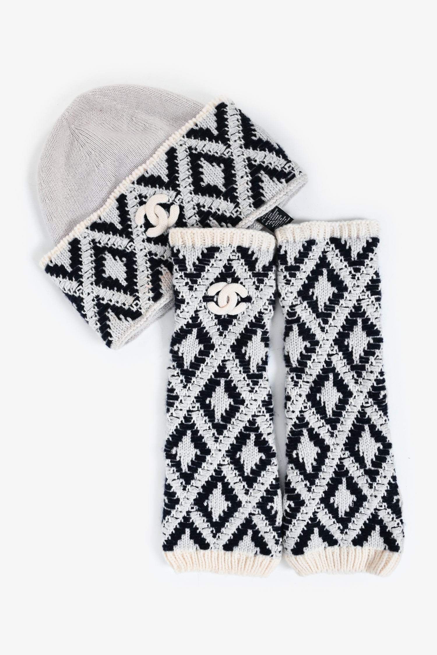Chanel™ Grey/Navy Blue Cashmere Blend Knit Beanie + Fingerless Gloves Set