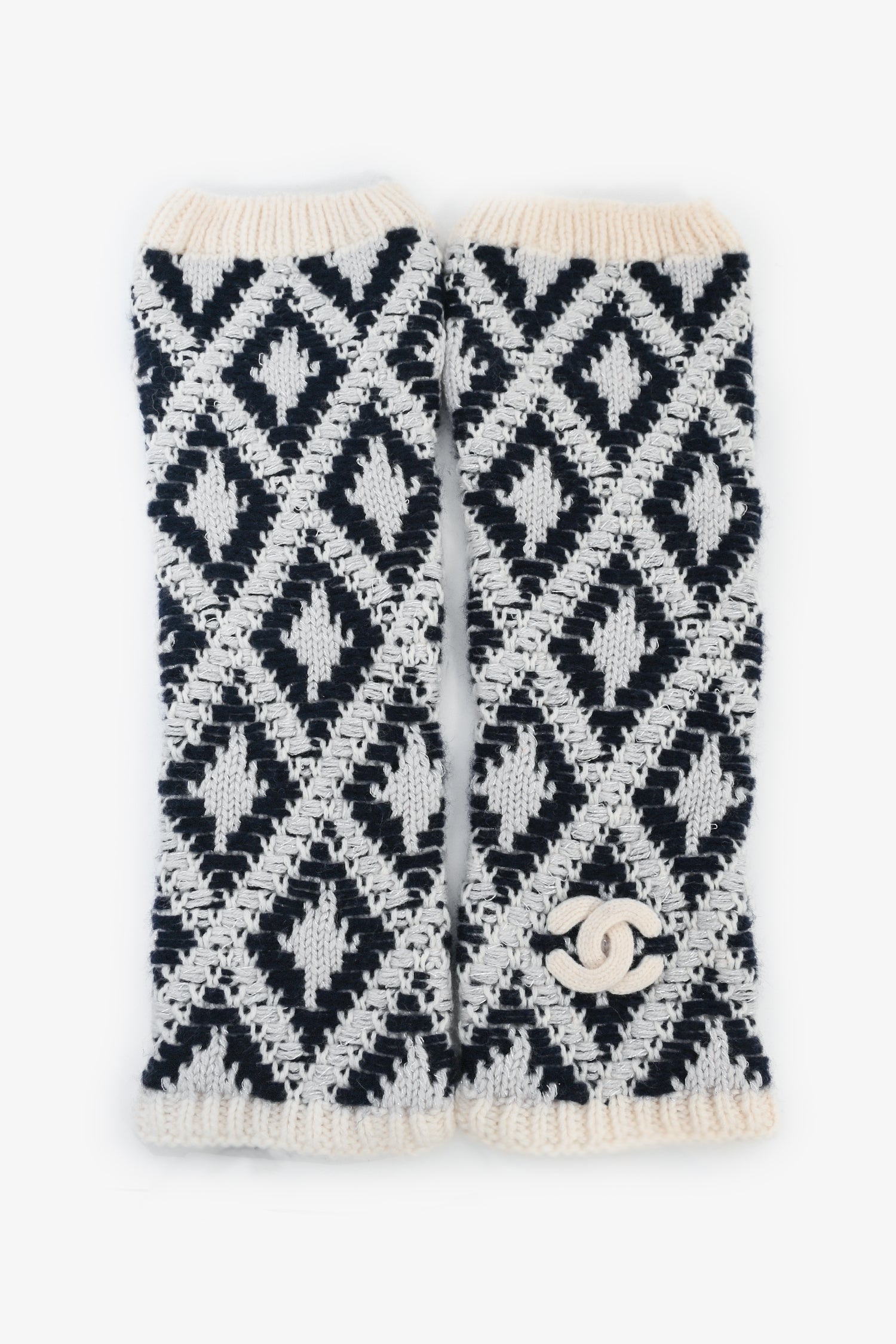 Chanel™ Grey/Navy Blue Cashmere Blend Knit Beanie + Fingerless Gloves Set