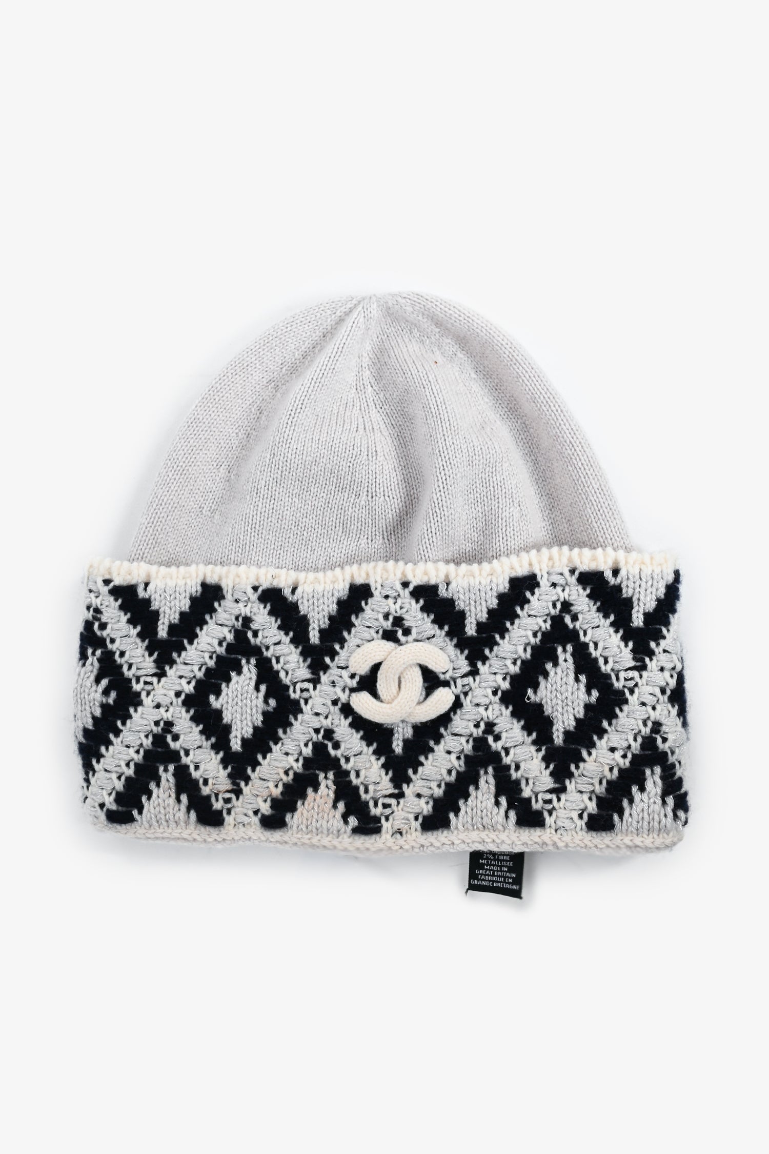 Chanel™ Grey/Navy Blue Cashmere Blend Knit Beanie + Fingerless Gloves Set