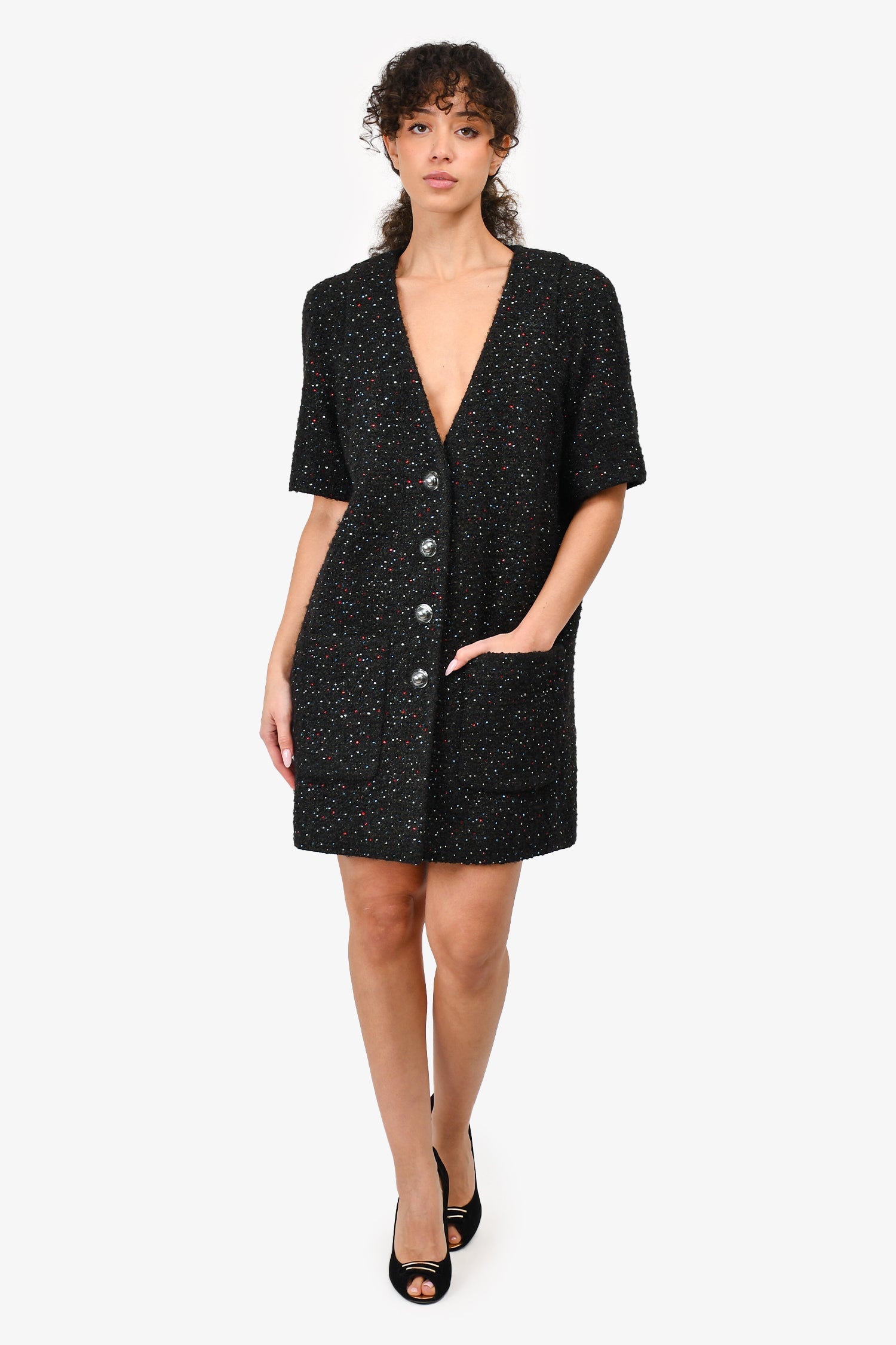 Chanel™ Runway Black Rhinestone Embellished Tweed Dress Size 42